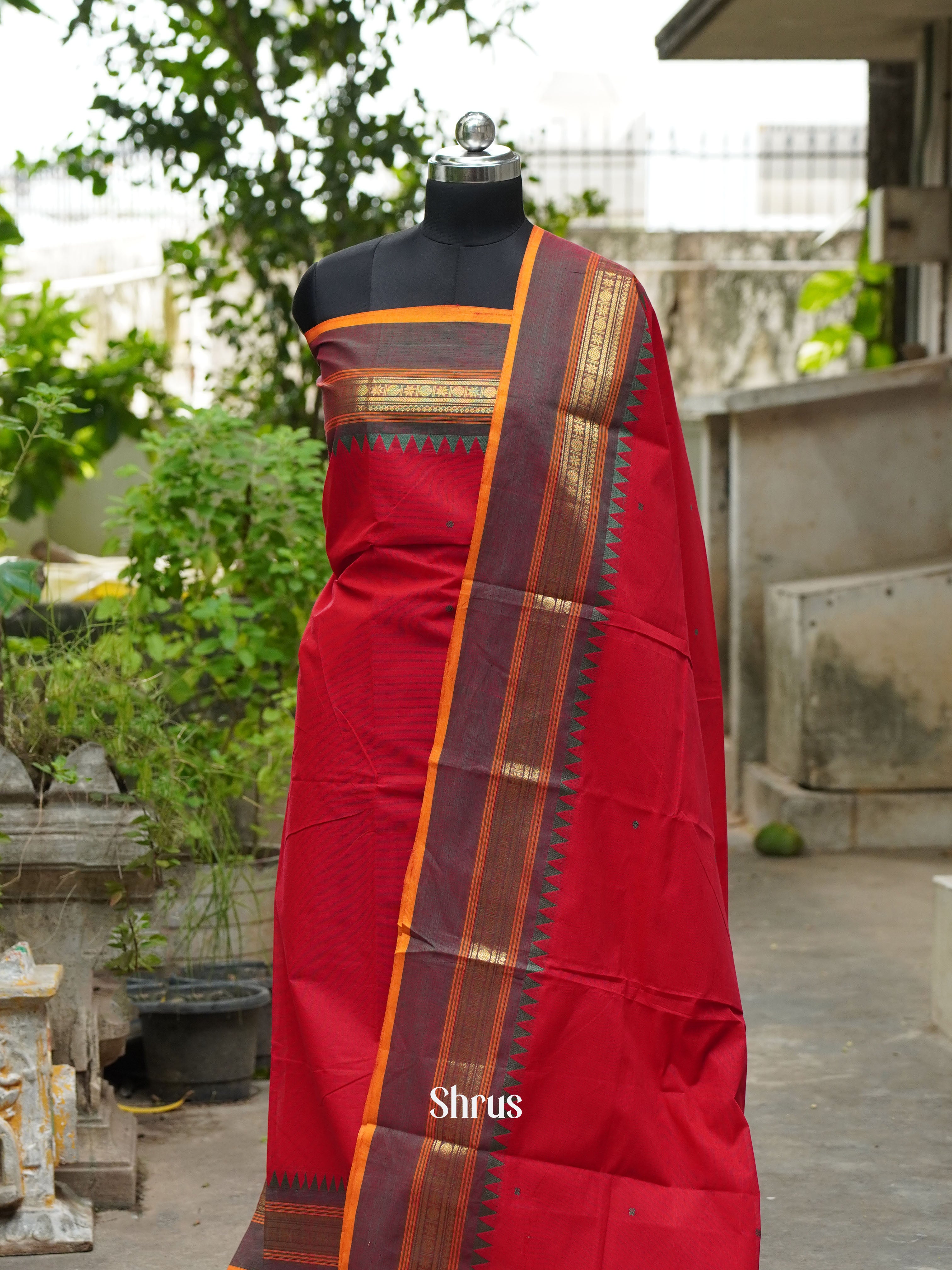 Red & Mustard - Chrttinad Cotton Top & Dupatta - Shop on ShrusEternity.com