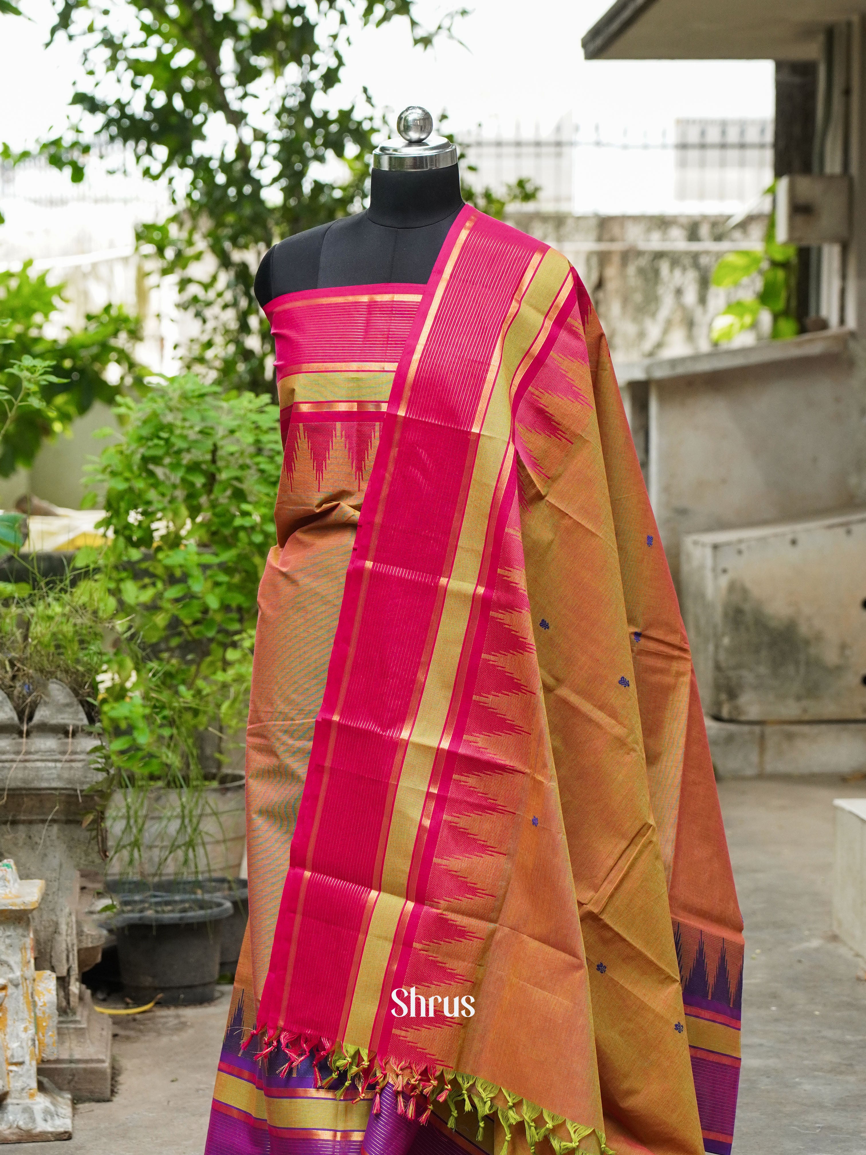Double Shaded Green & Pink - Chettinad Cotton Top & Dupatta - Shop on ShrusEternity.com