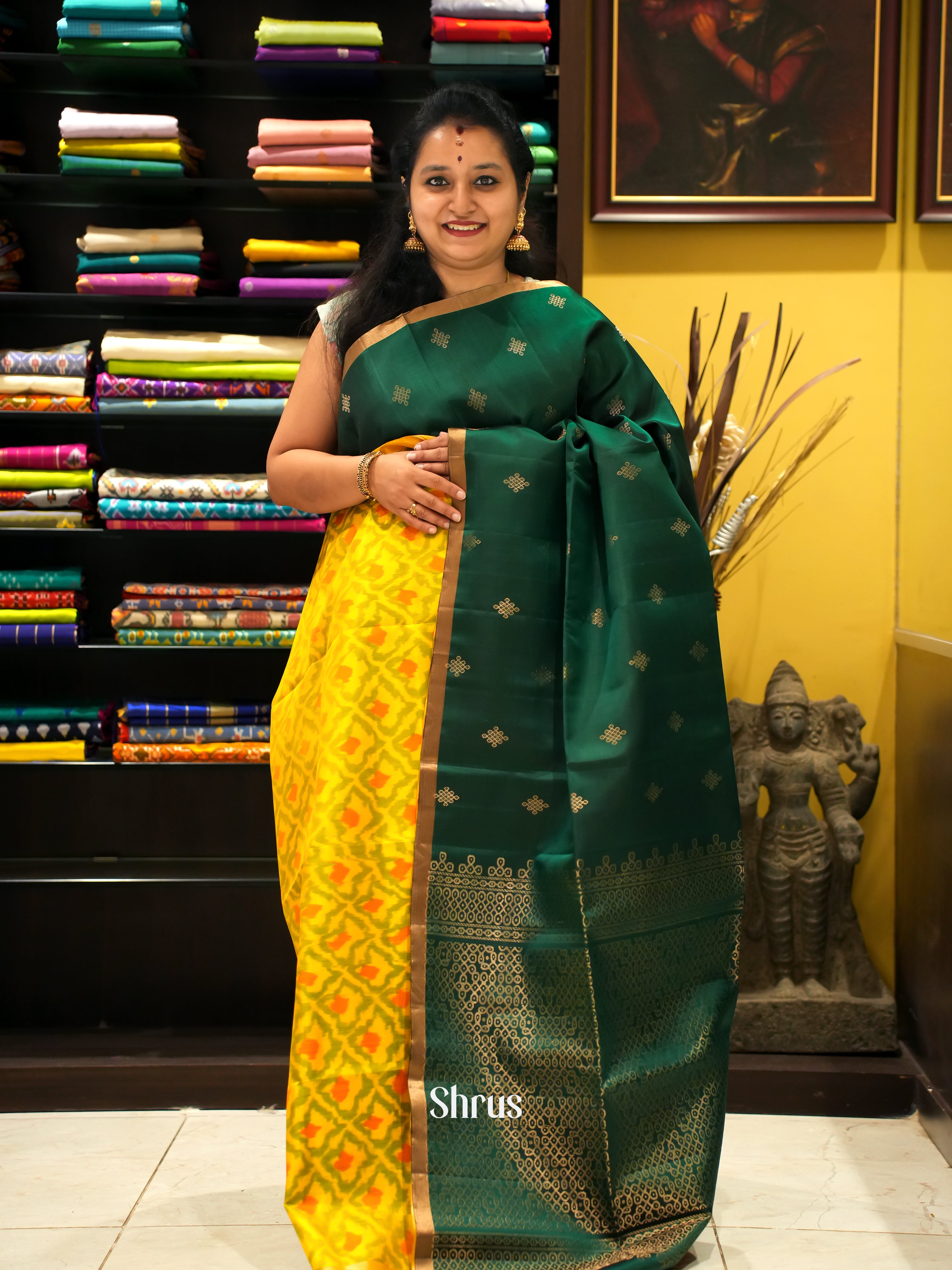 Green & Yellow - Soft Silk Saree - Shop on ShrusEternity.com