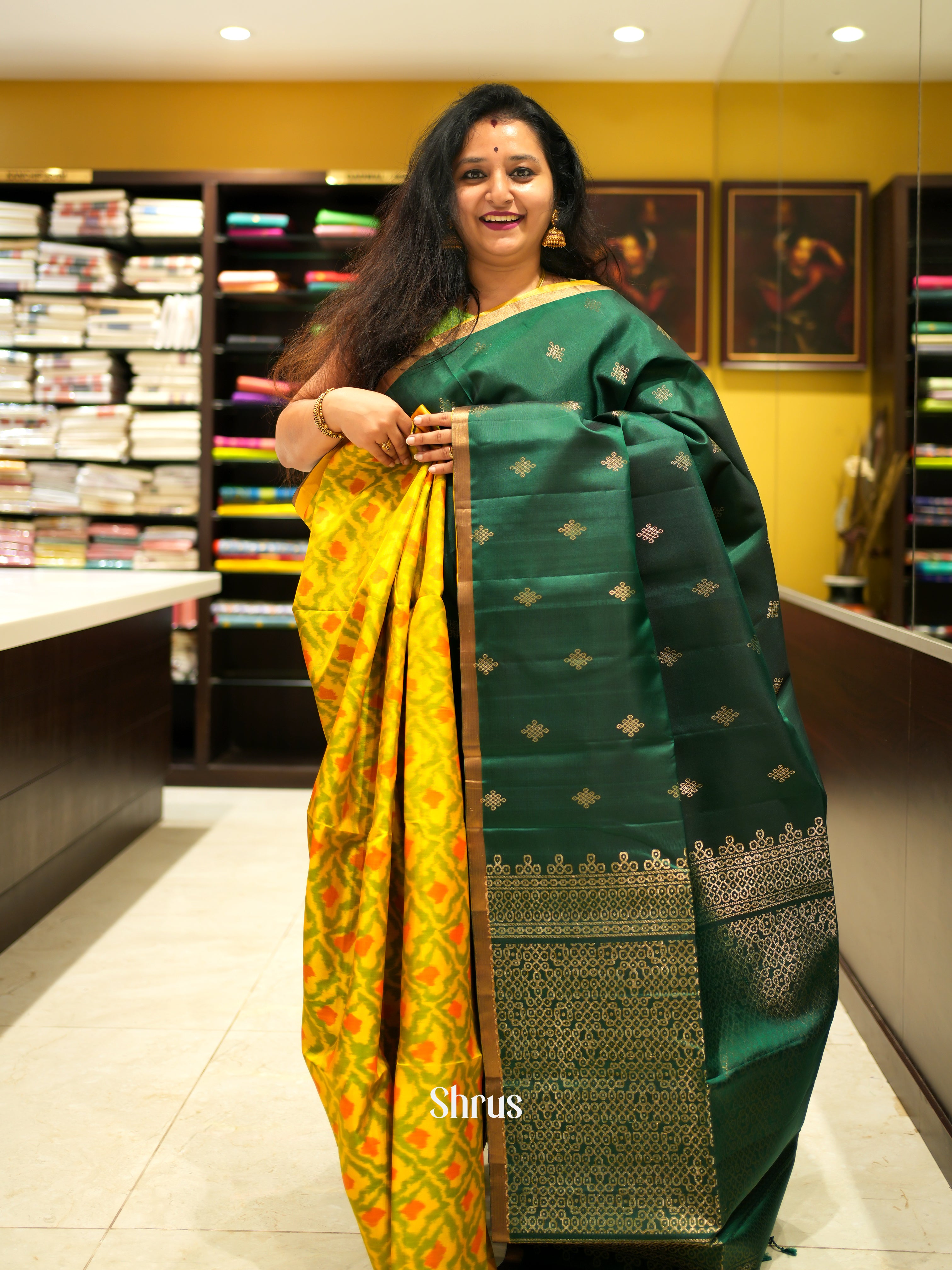 Green & Yellow - Soft Silk Saree - Shop on ShrusEternity.com