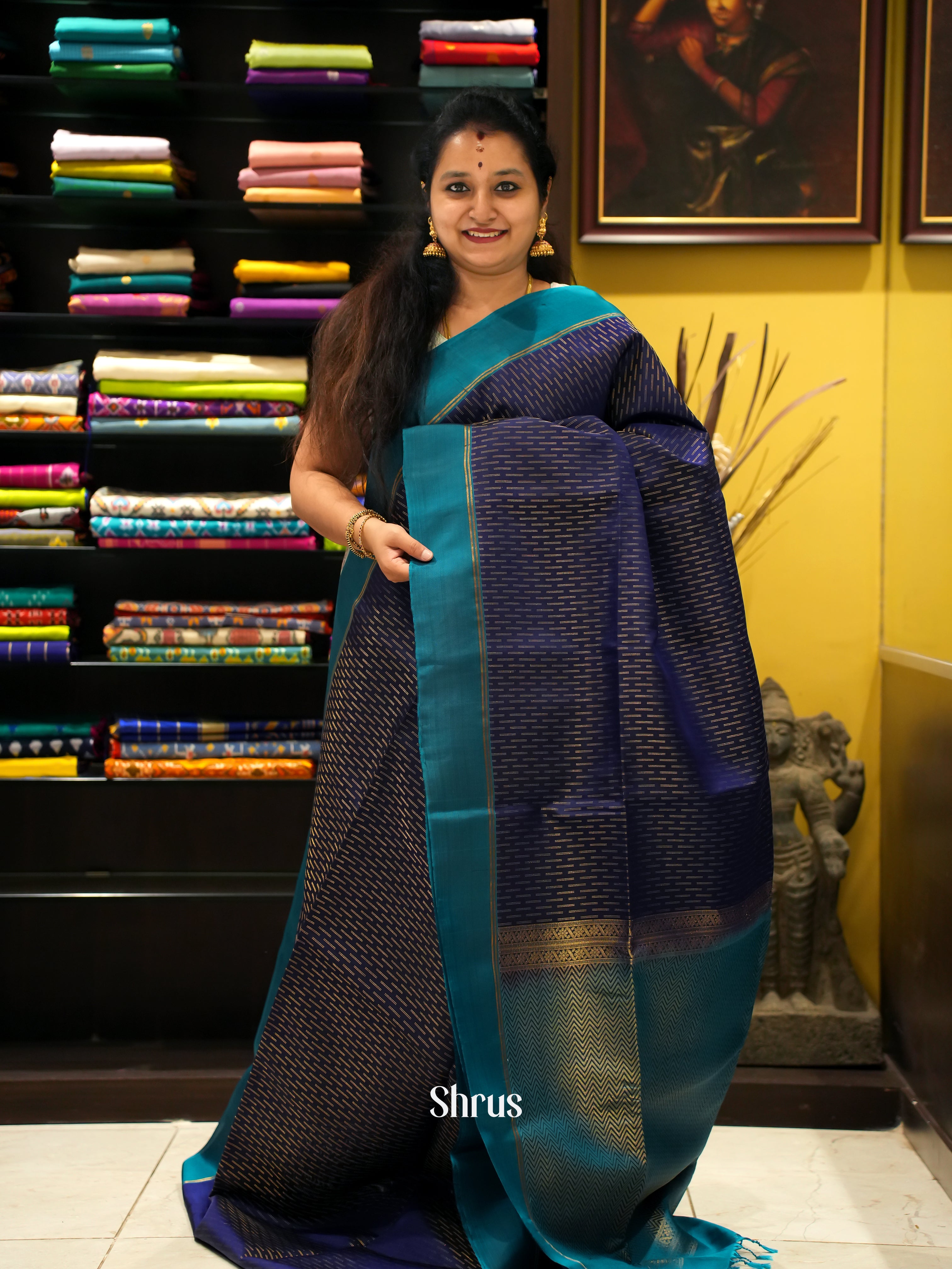 Navy Blue & Blue -Soft Silk Saree - Shop on ShrusEternity.com