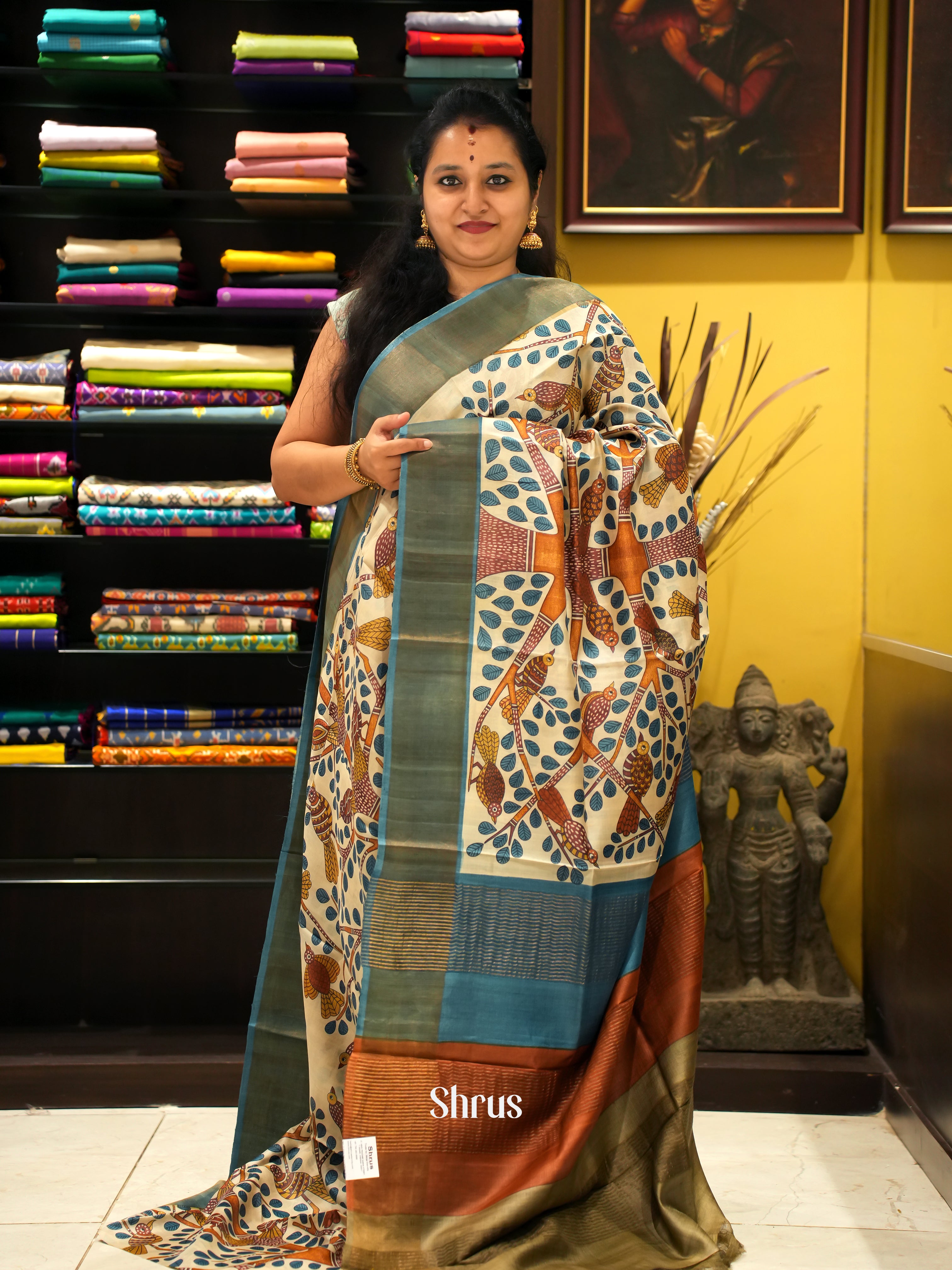 Cream & Blue - Tussar Saree - Shop on ShrusEternity.com