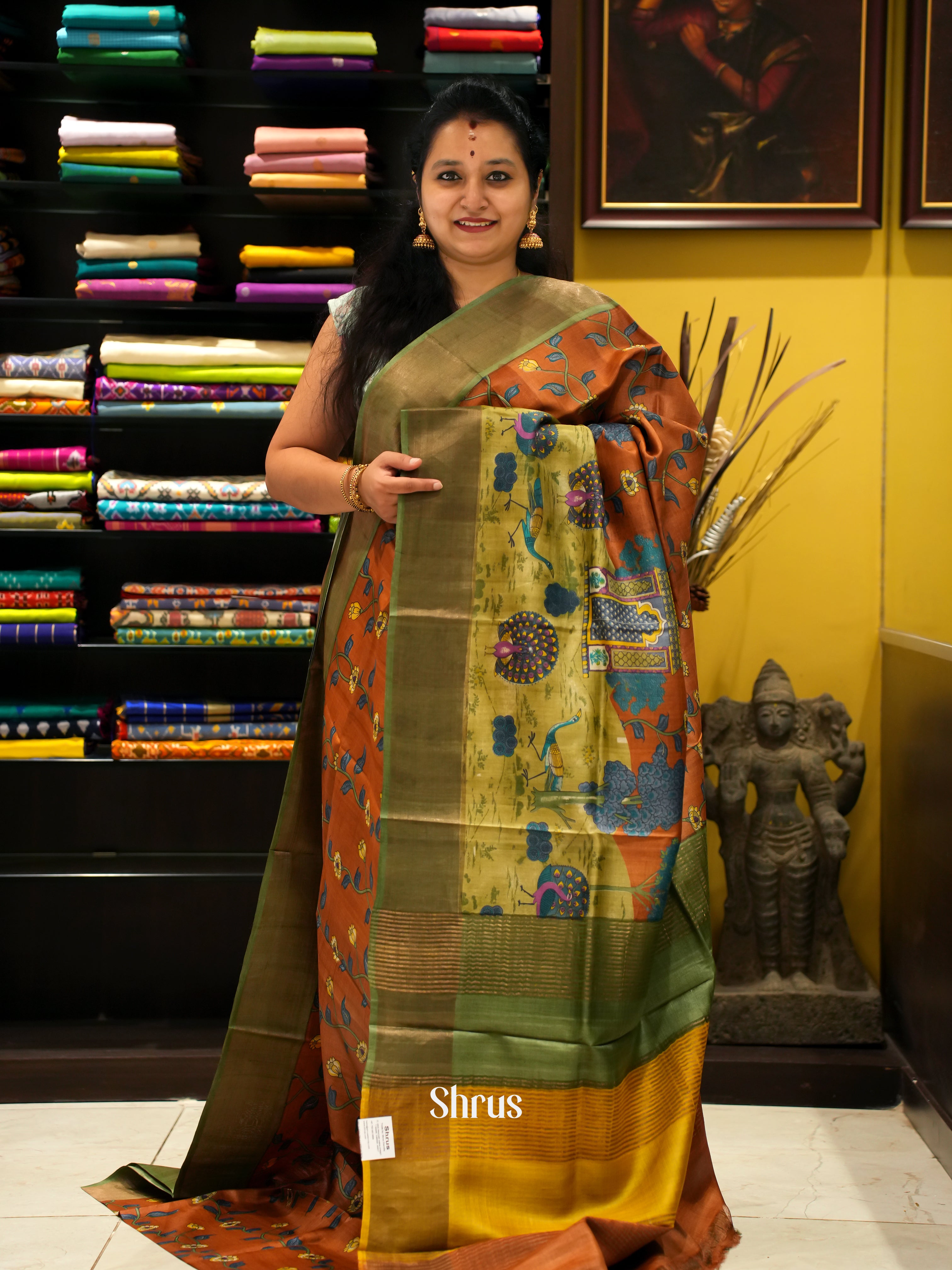 Brown & Green - Tussar Saree - Shop on ShrusEternity.com