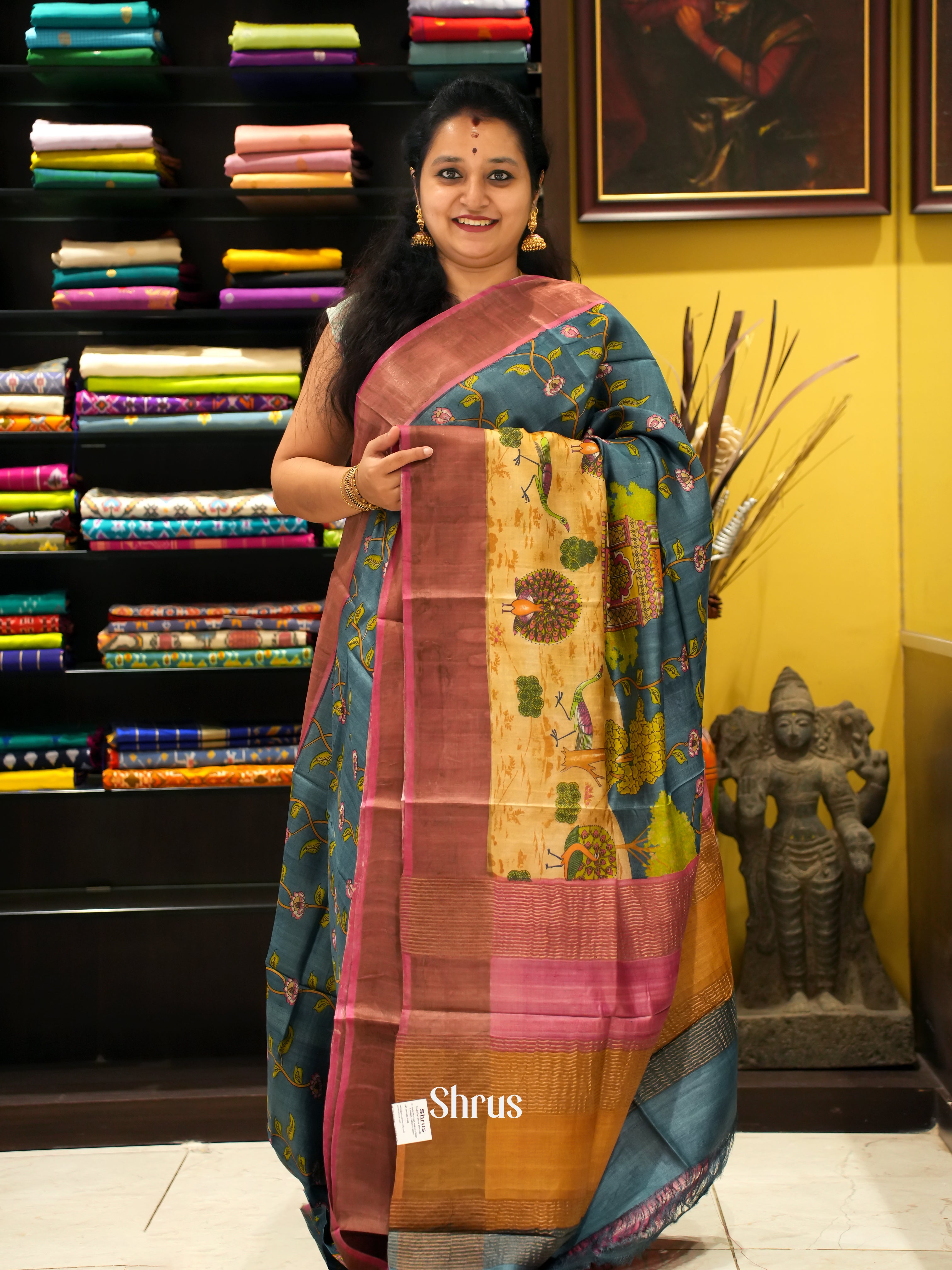 Blue & Pink- Tussar Saree - Shop on ShrusEternity.com