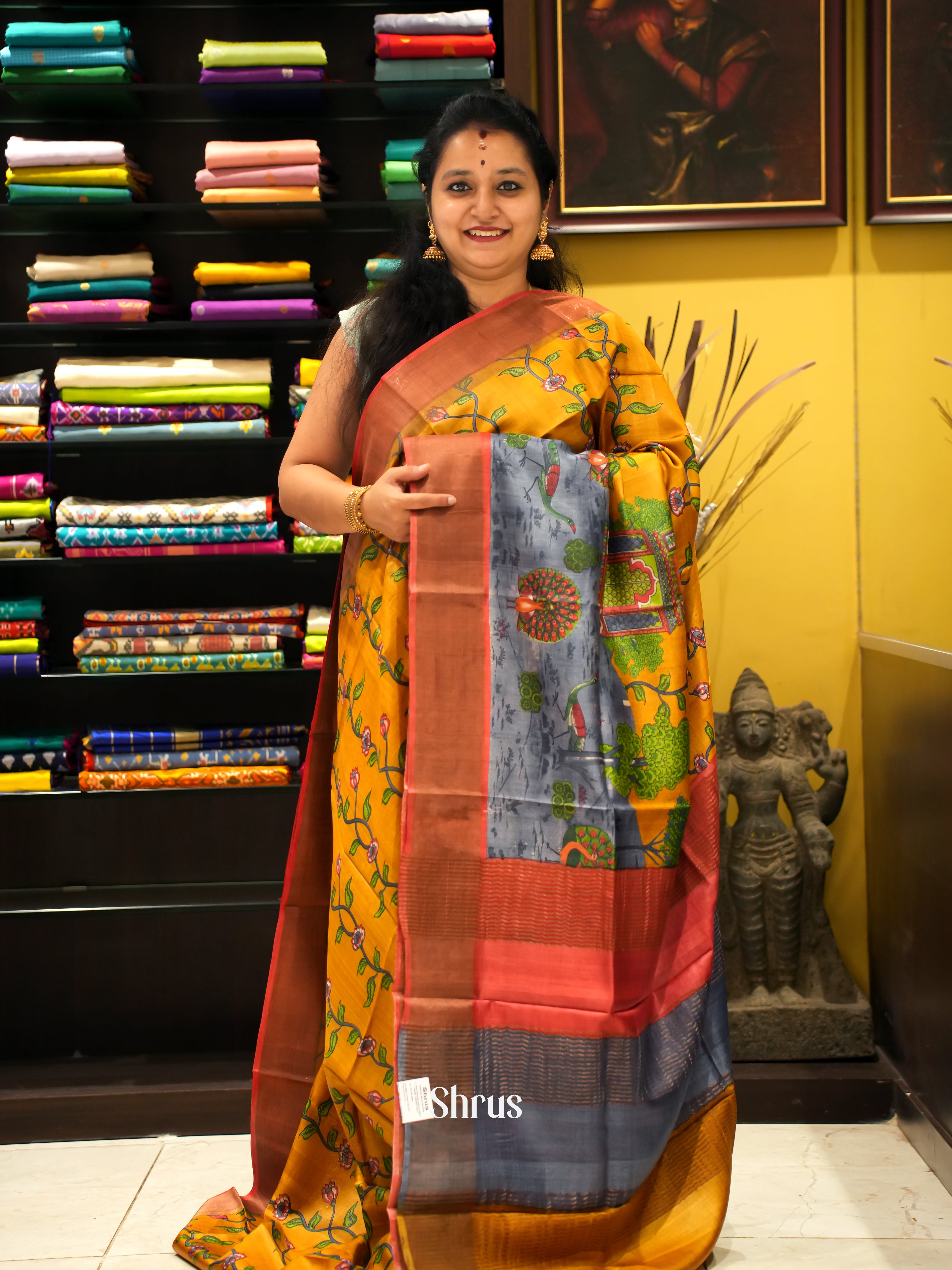 Mustard & Red - Tussar Saree - Shop on ShrusEternity.com