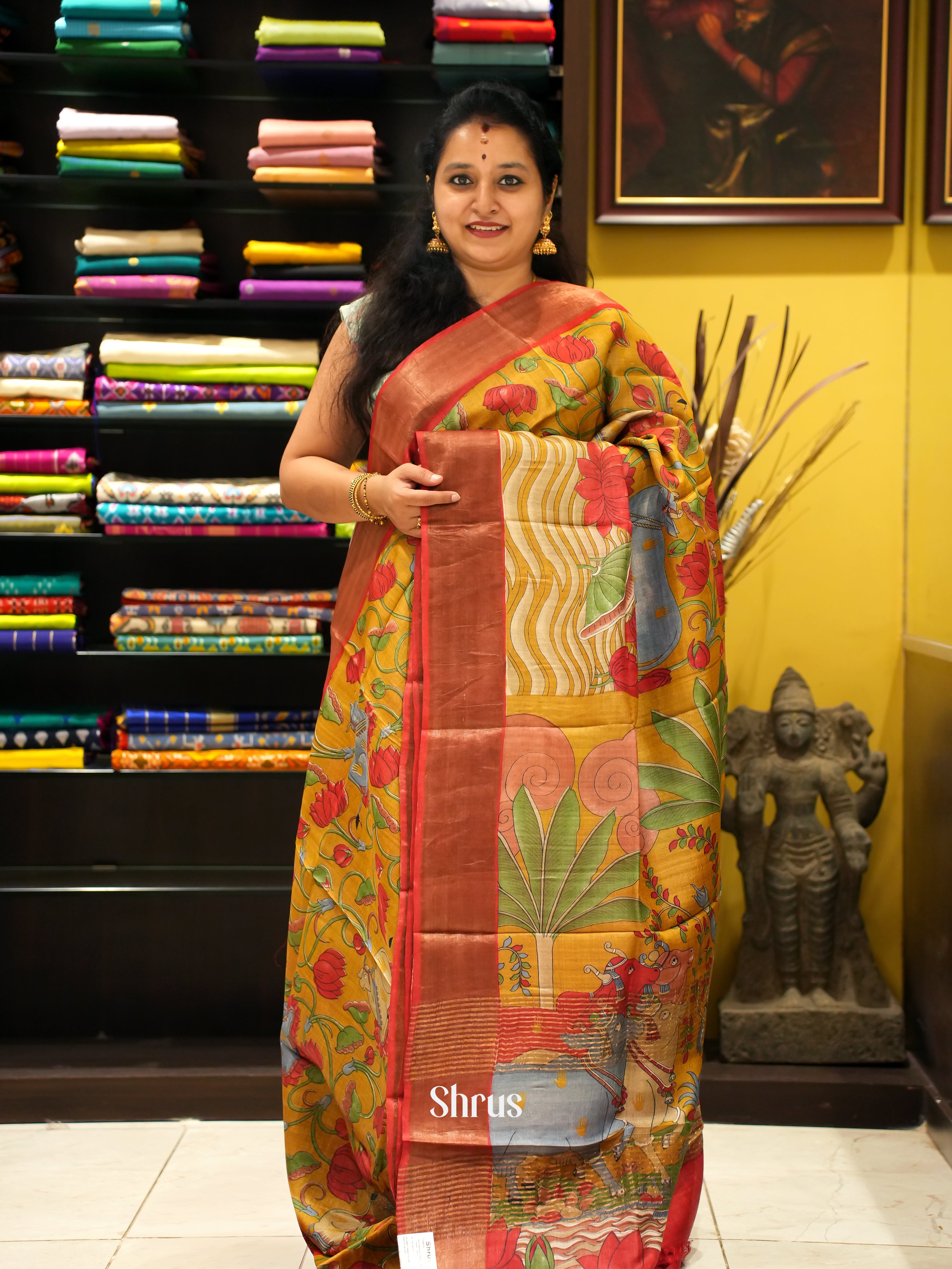 Mustard & Red - Tussar Saree - Shop on ShrusEternity.com