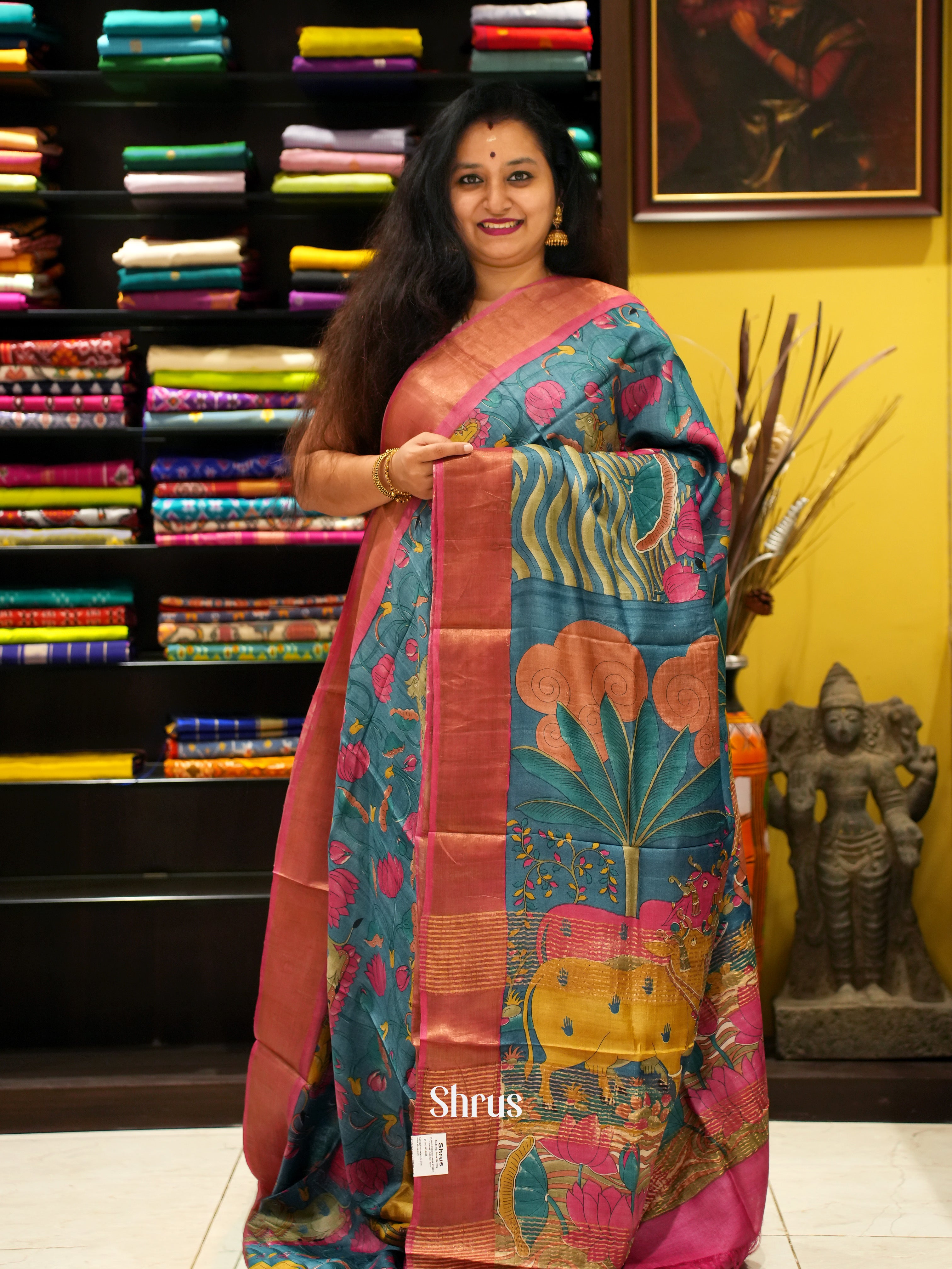 Blue & Pink - Tussar Saree - Shop on ShrusEternity.com