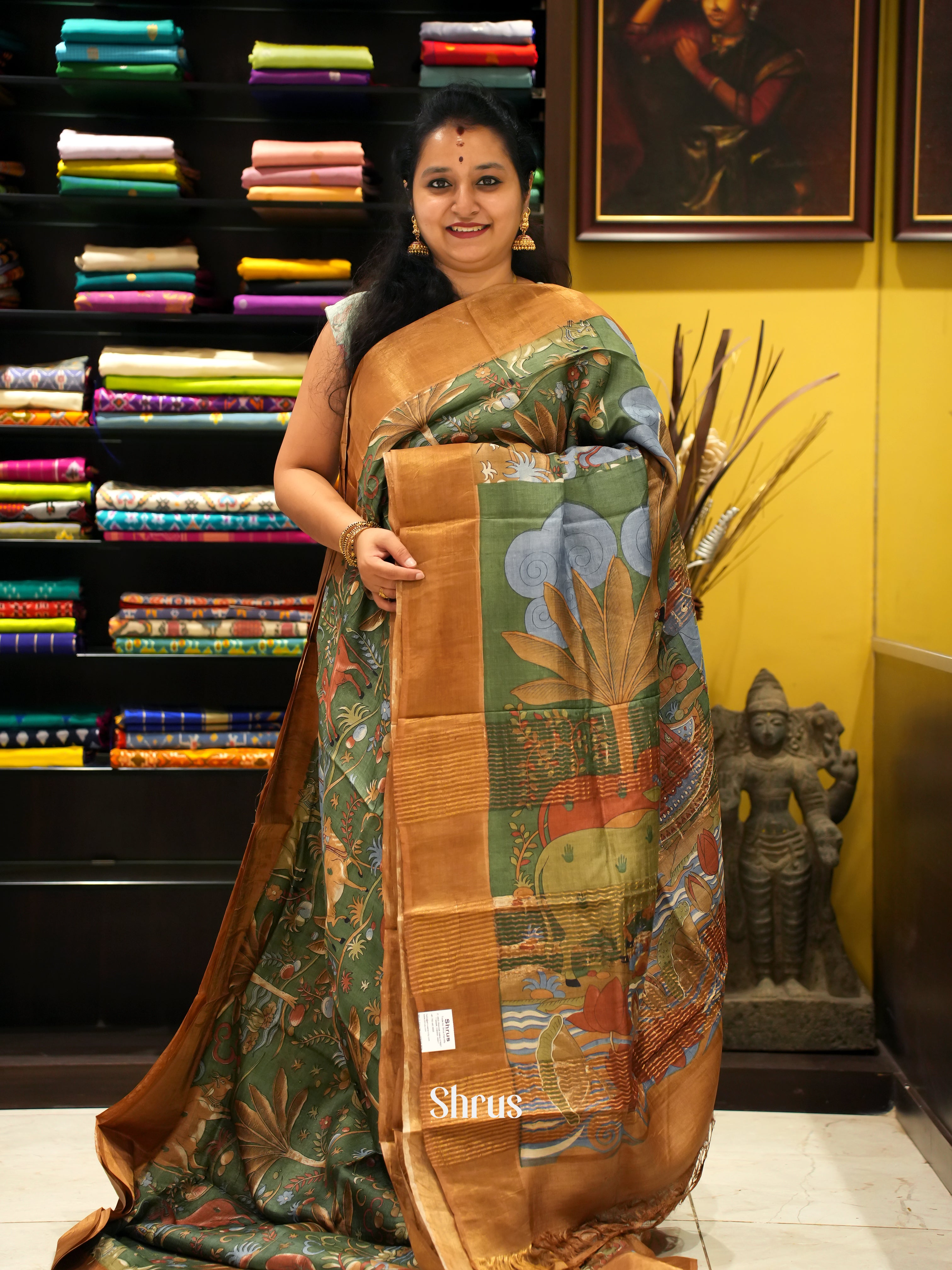 Green & Brown - Tussar Saree - Shop on ShrusEternity.com