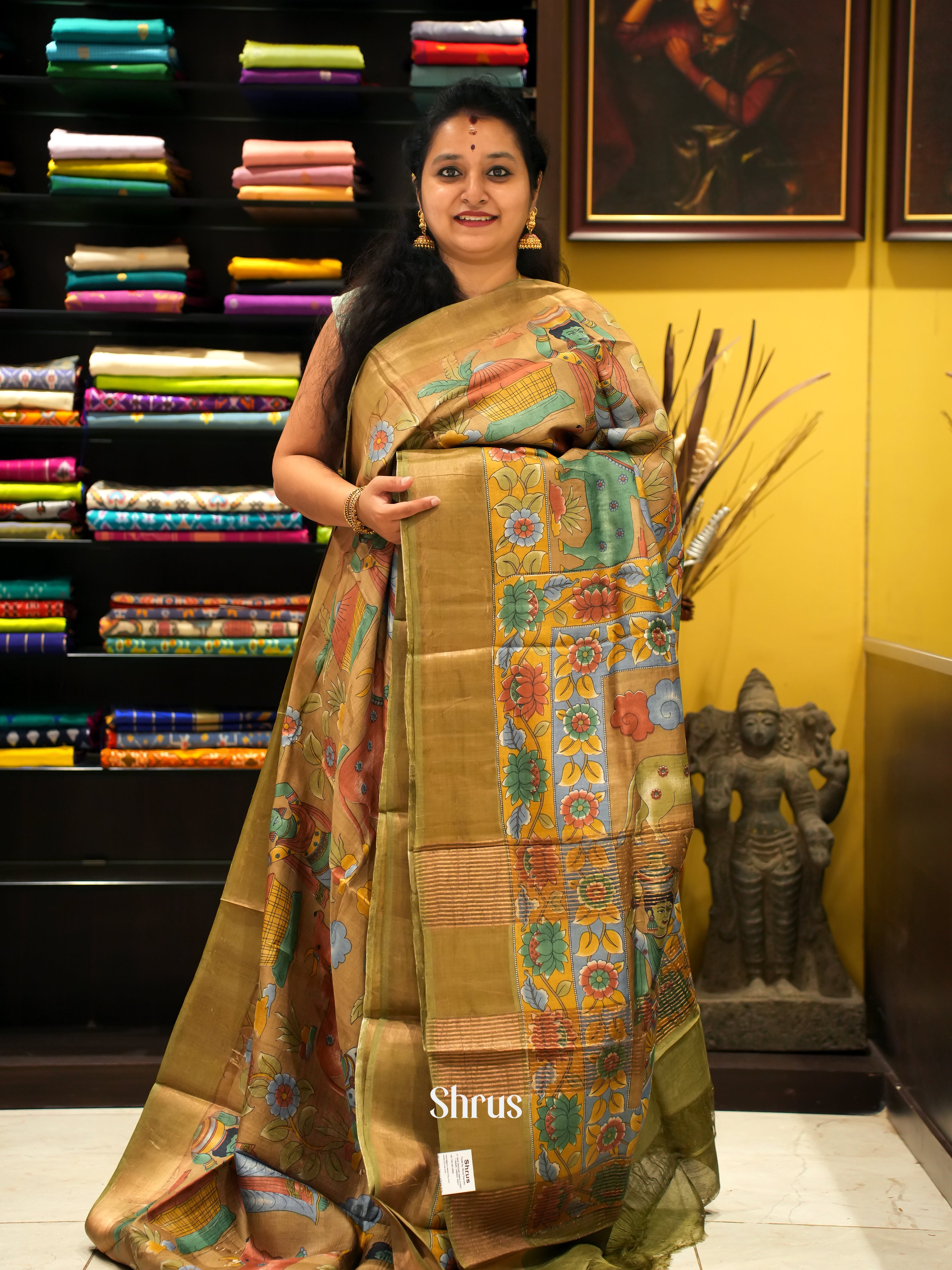 Mehandi Green(Single Tone) - Tussar Saree - Shop on ShrusEternity.com