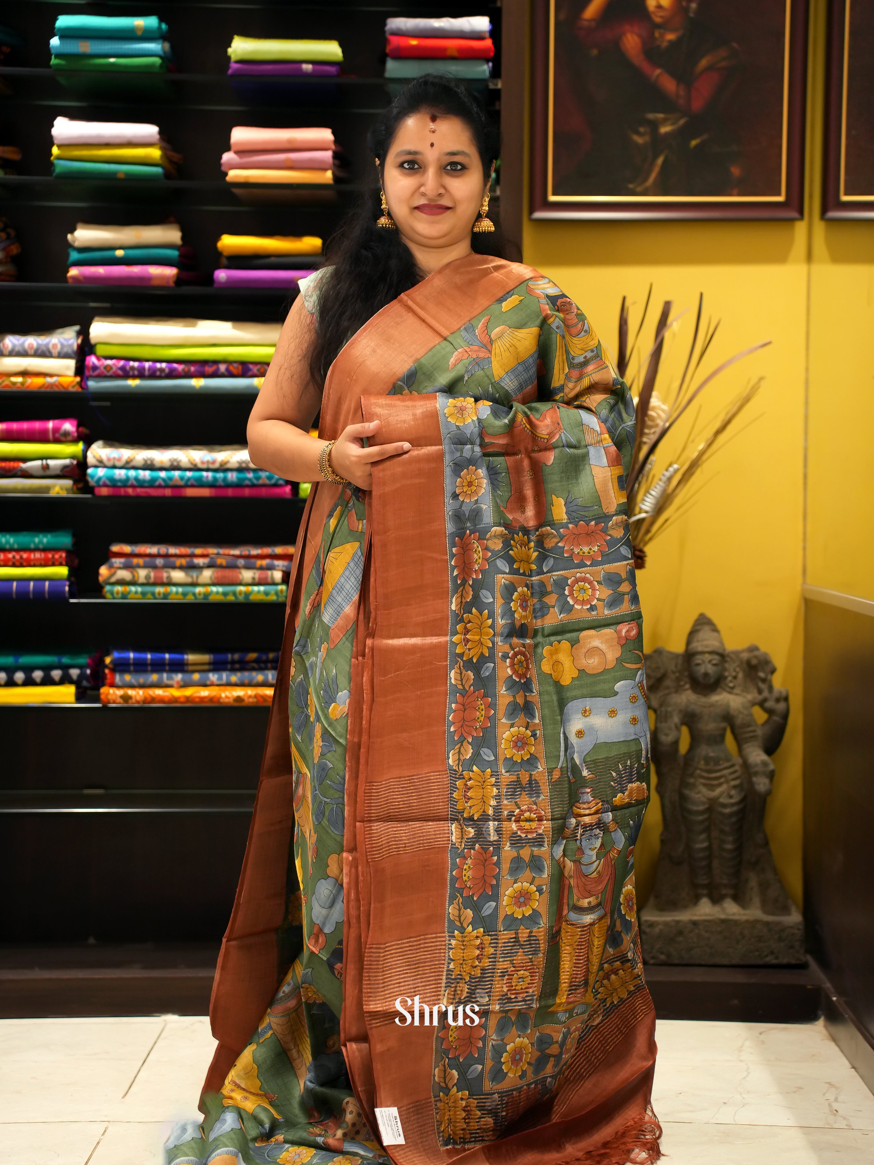 Green & Brown - Tussar Saree - Shop on ShrusEternity.com