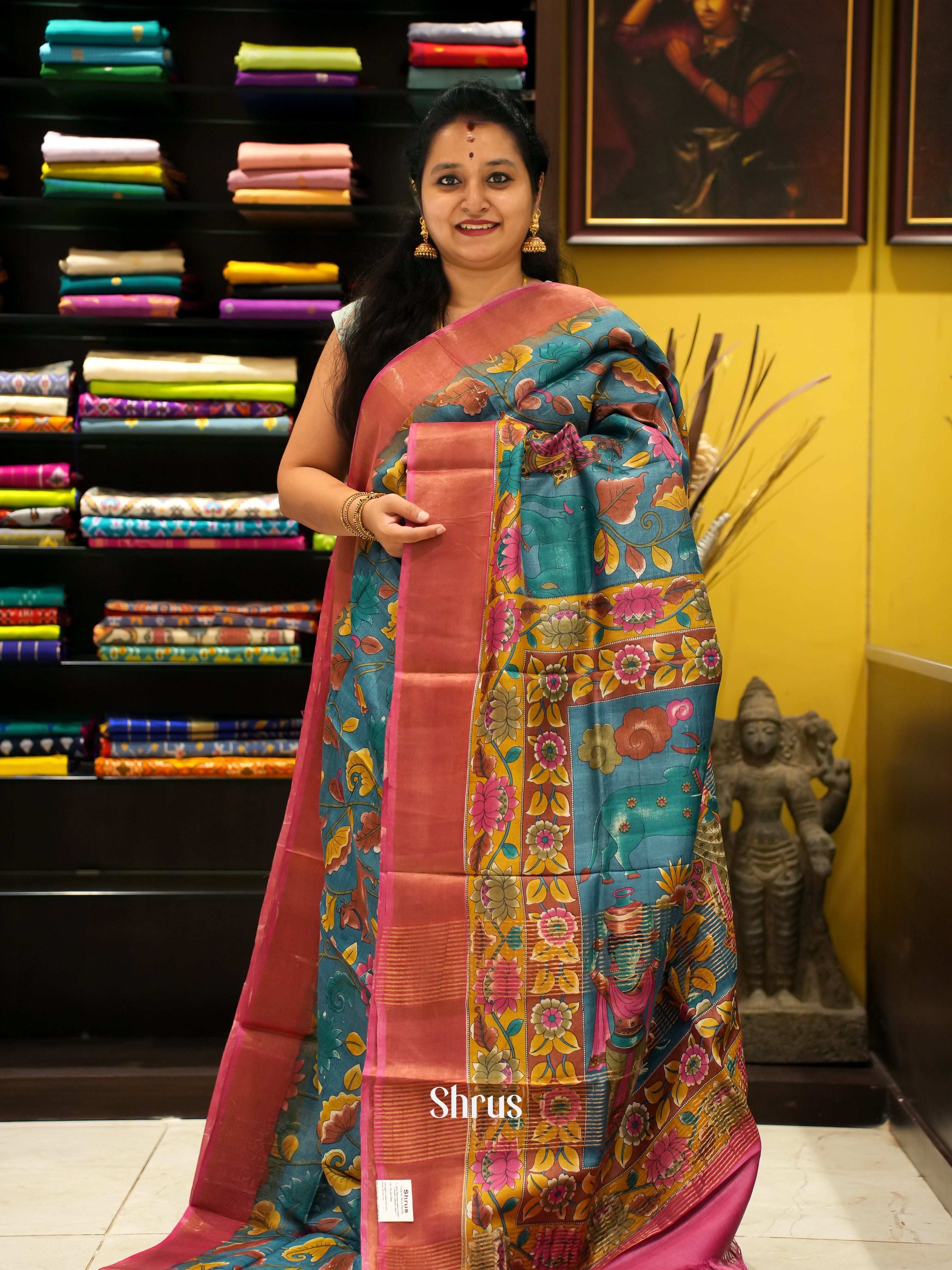Blue & Pink - Tussar Saree - Shop on ShrusEternity.com