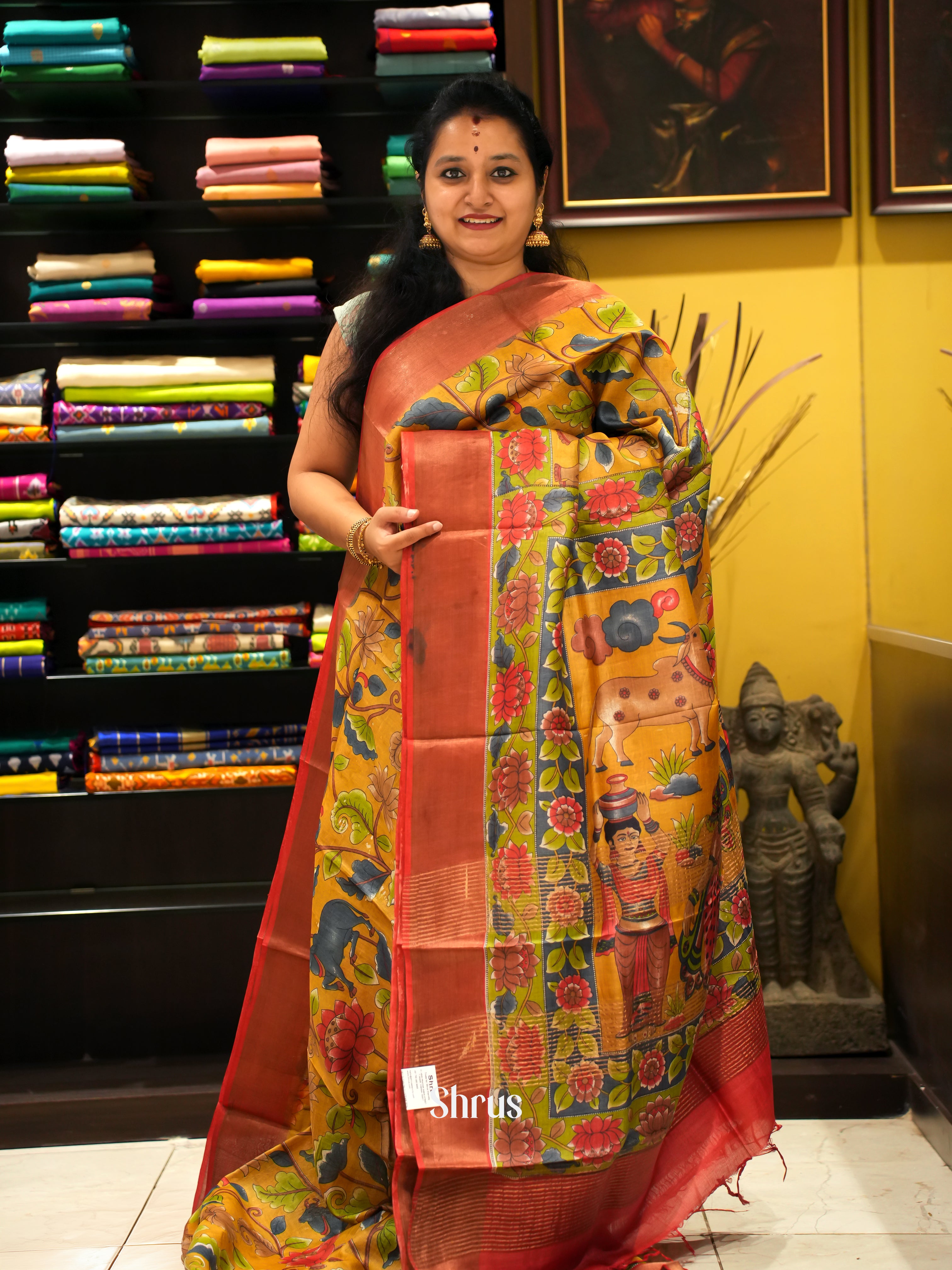 Mustard & Red - Tussar Saree - Shop on ShrusEternity.com