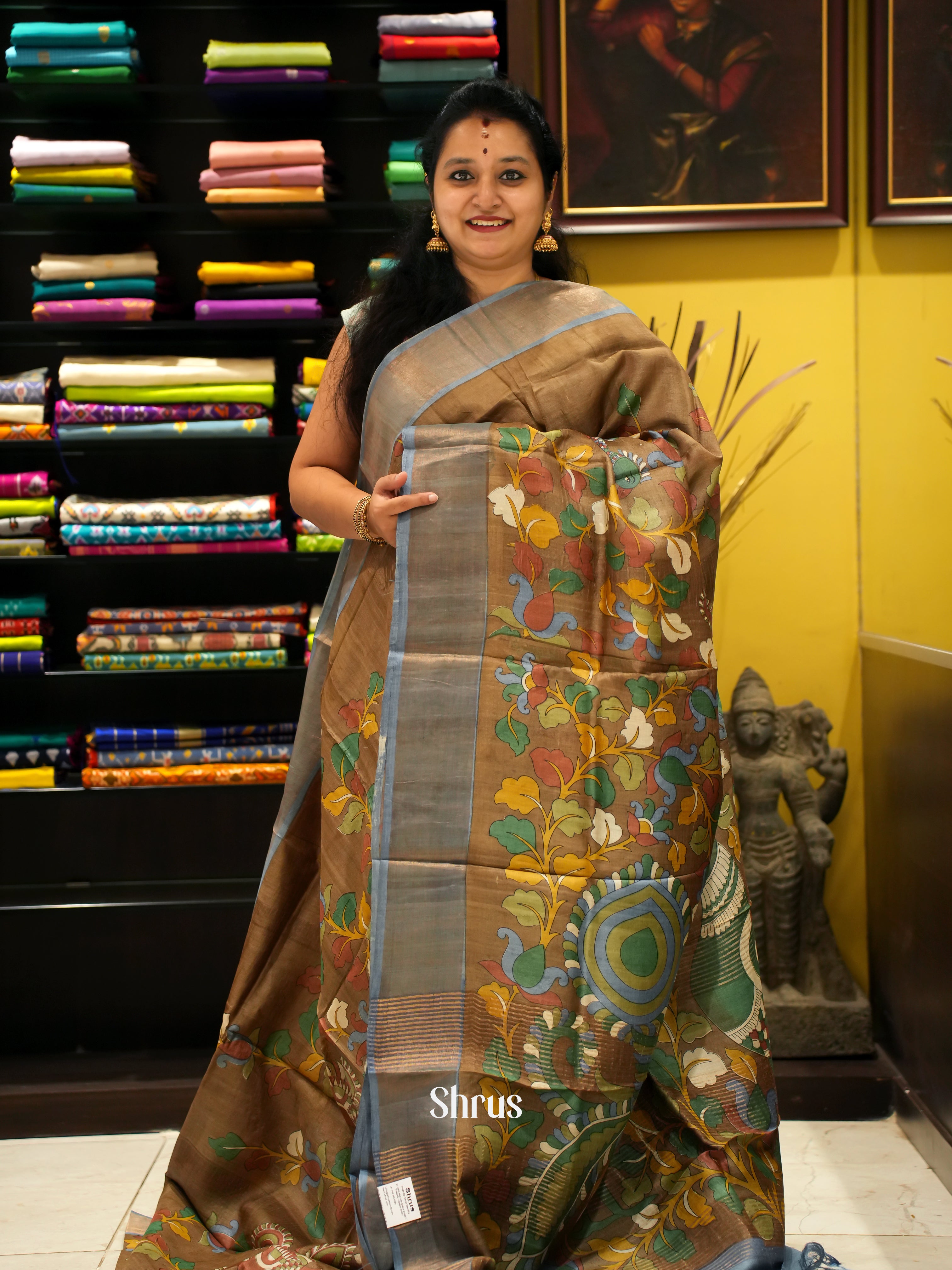 Brown & Grey - Tussar Saree - Shop on ShrusEternity.com