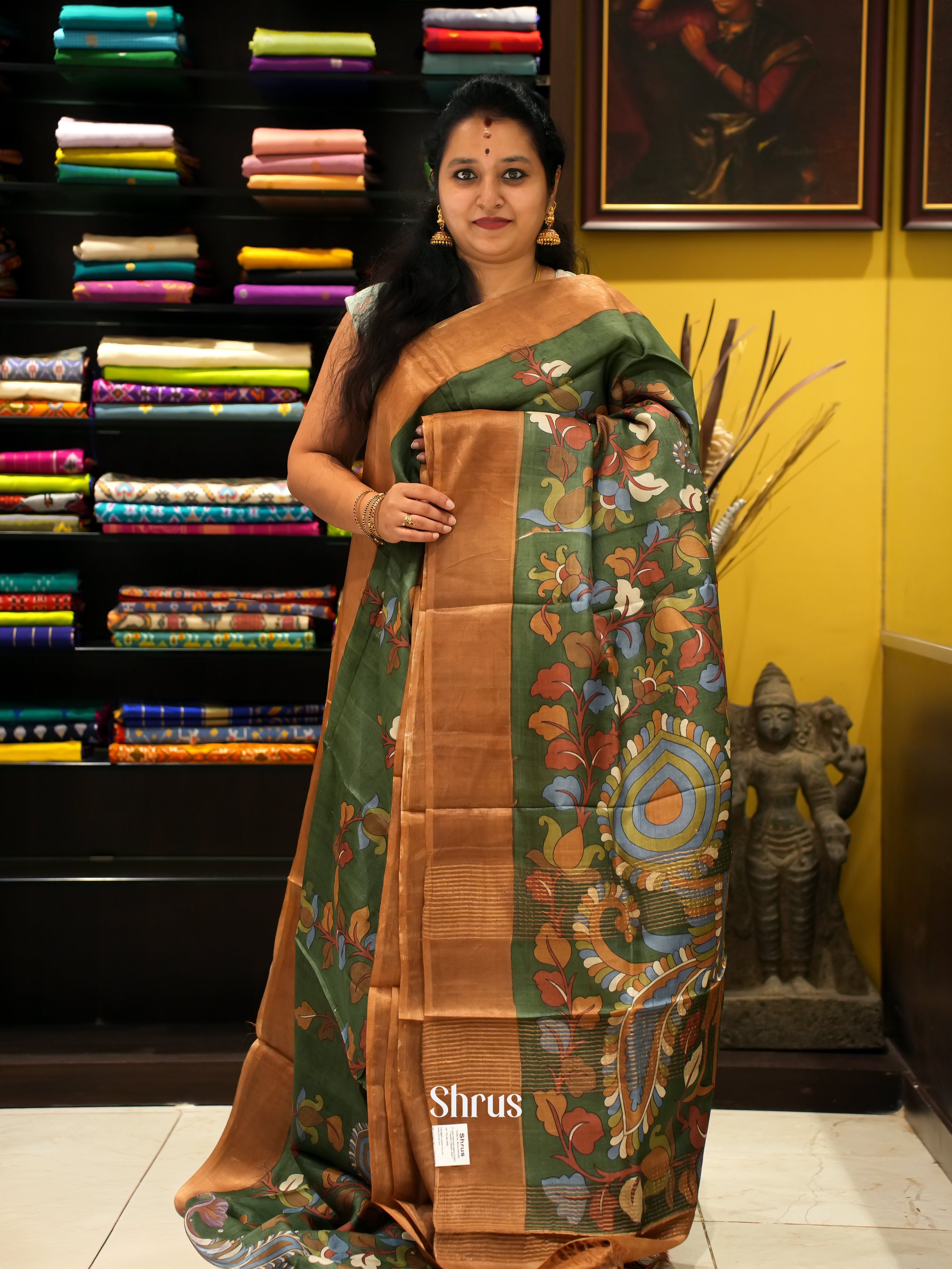 Green & Brown- Tussar Saree - Shop on ShrusEternity.com