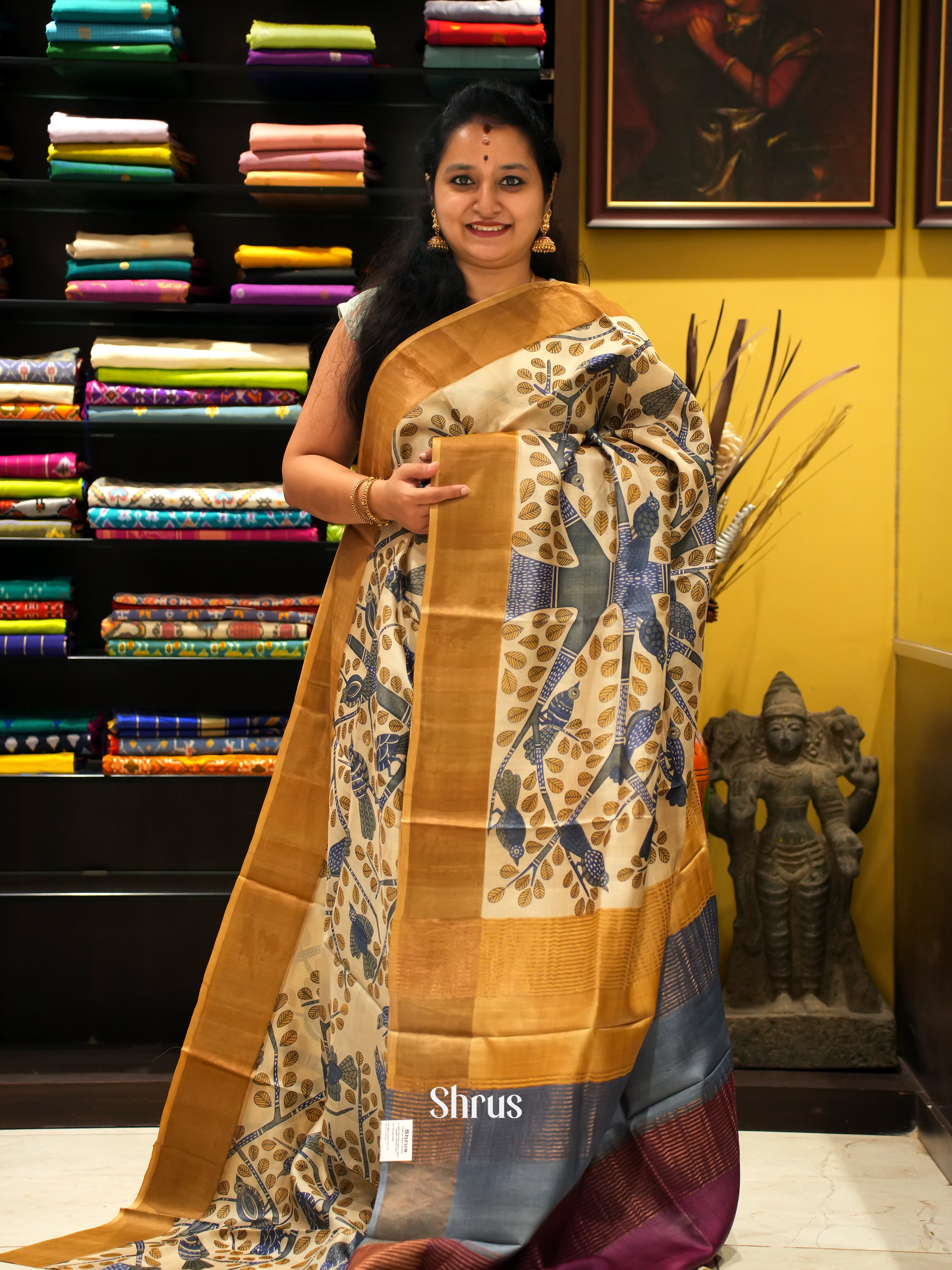 Cream & Mustard - Tussar Saree - Shop on ShrusEternity.com