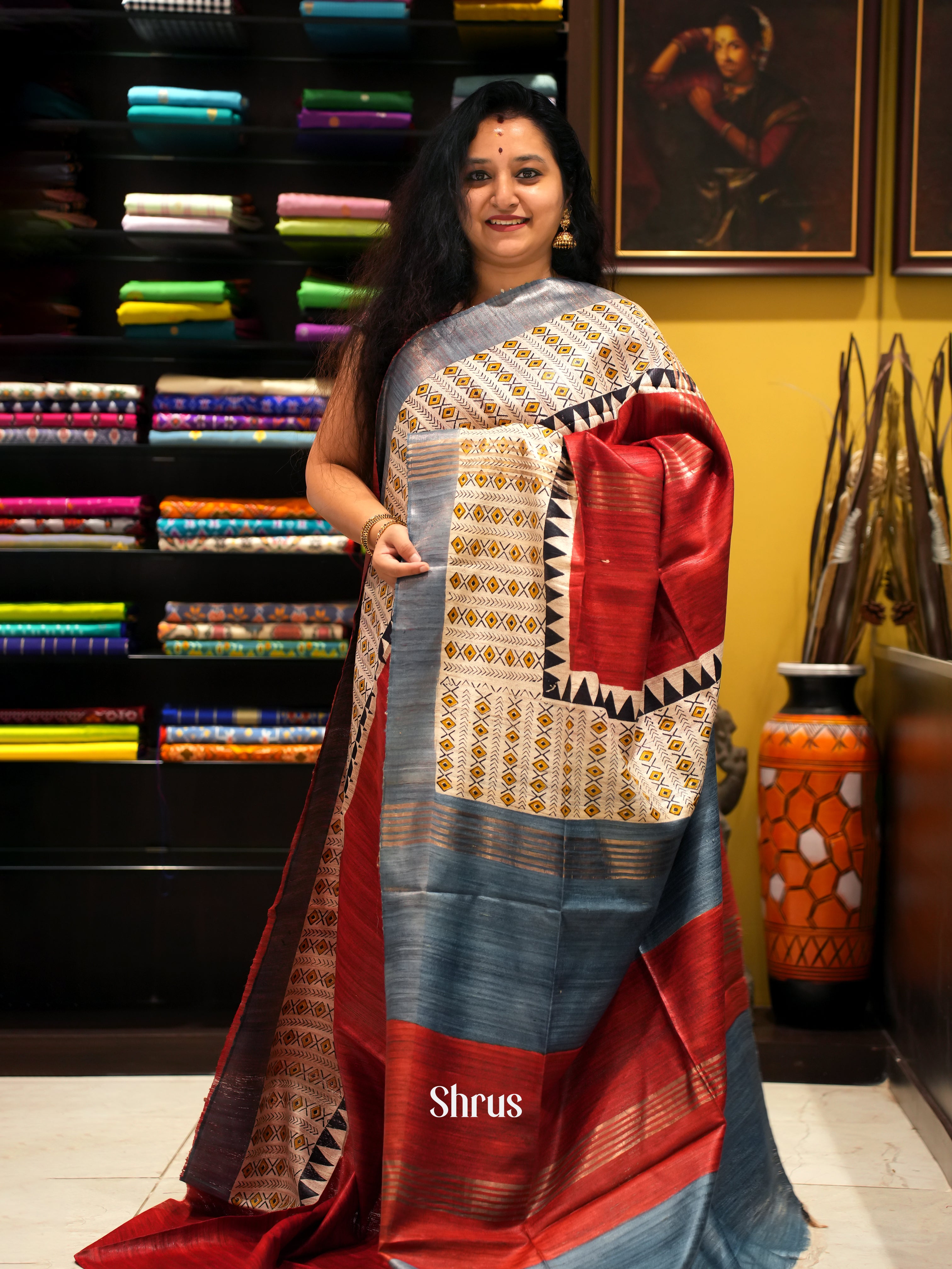 Red & Grey - Gicha Saree - Shop on ShrusEternity.com