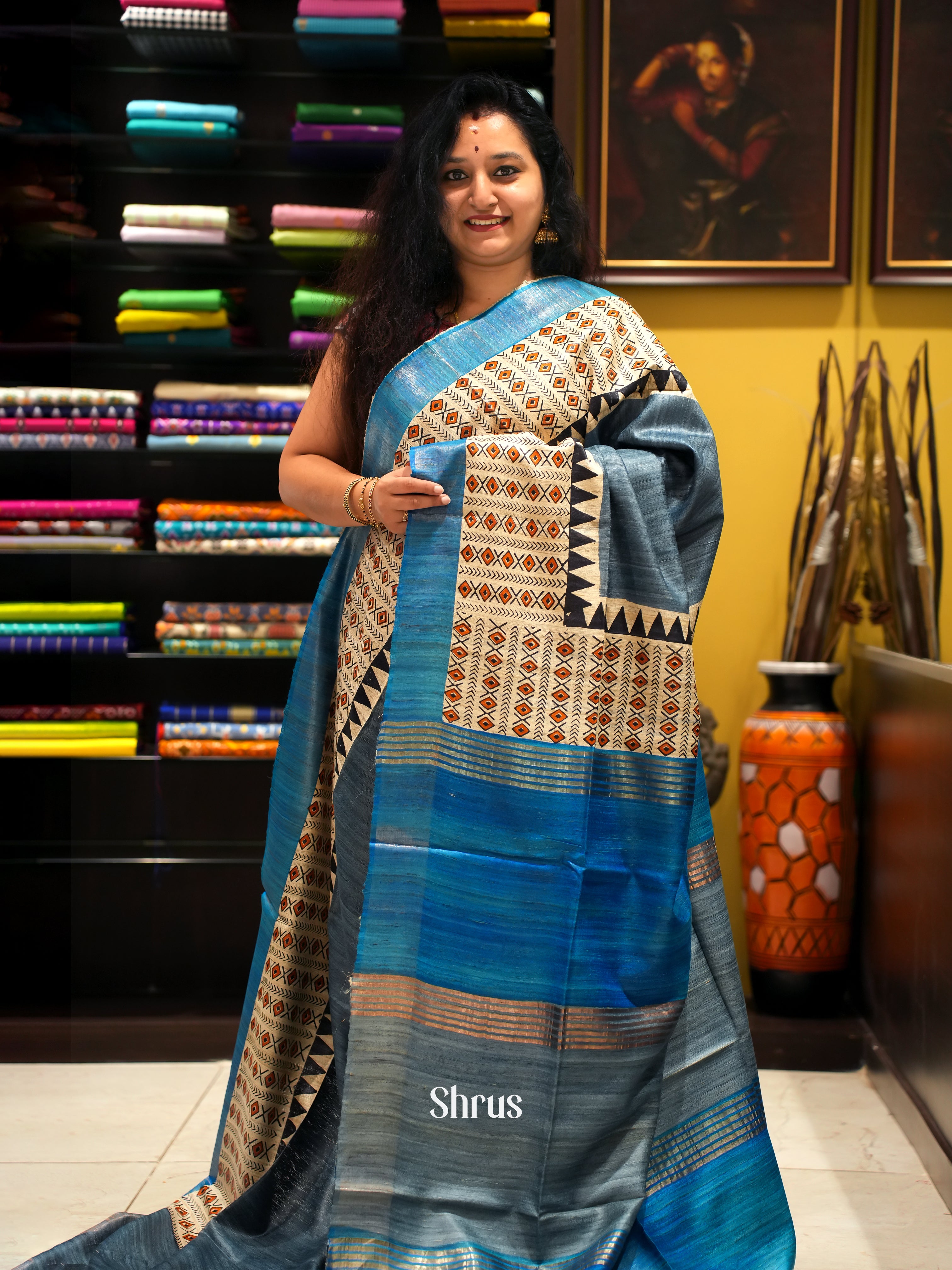 Blue & Cream - Gicha Saree - Shop on ShrusEternity.com
