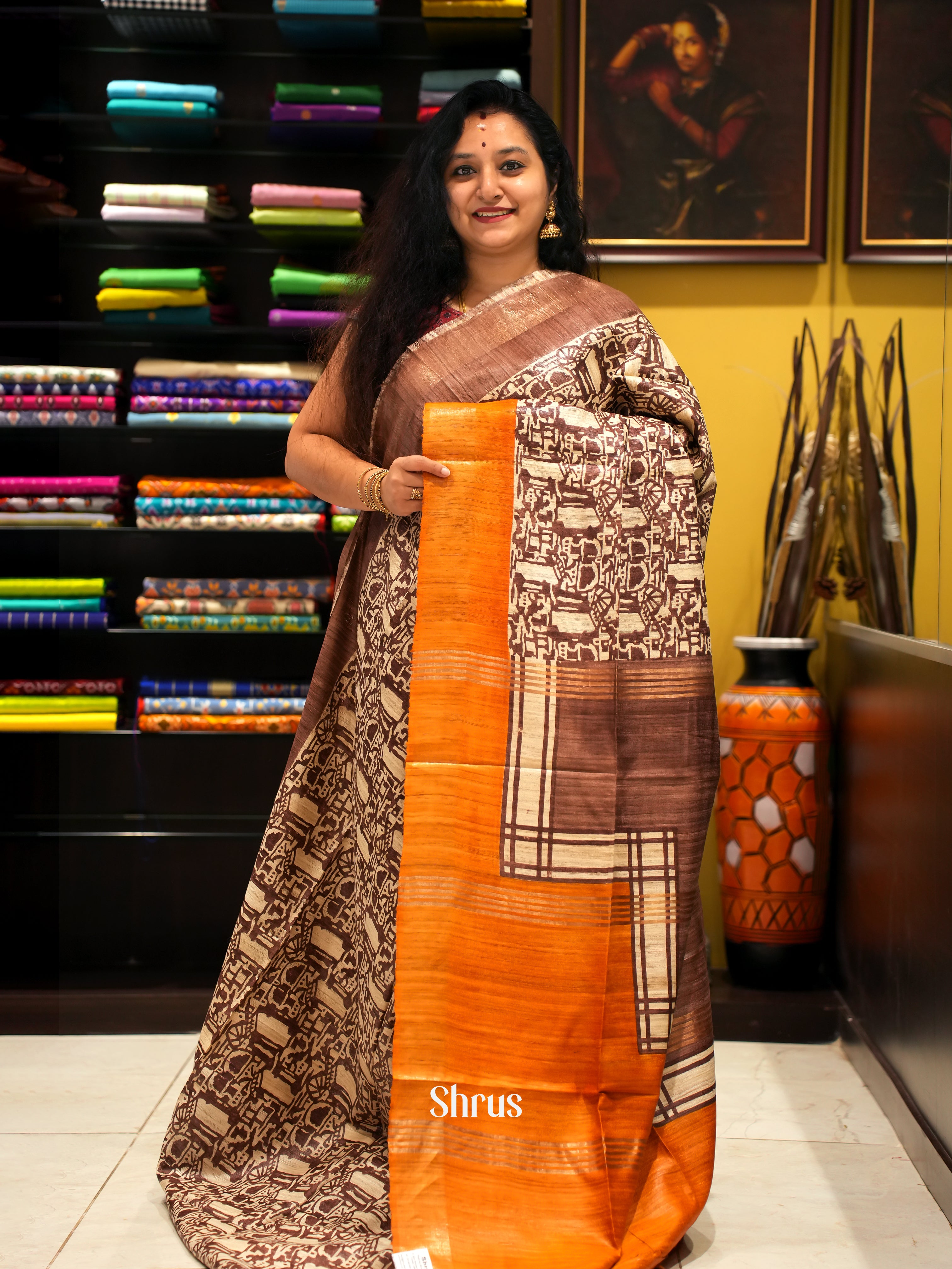Brown & Orange - Gicha Saree - Shop on ShrusEternity.com