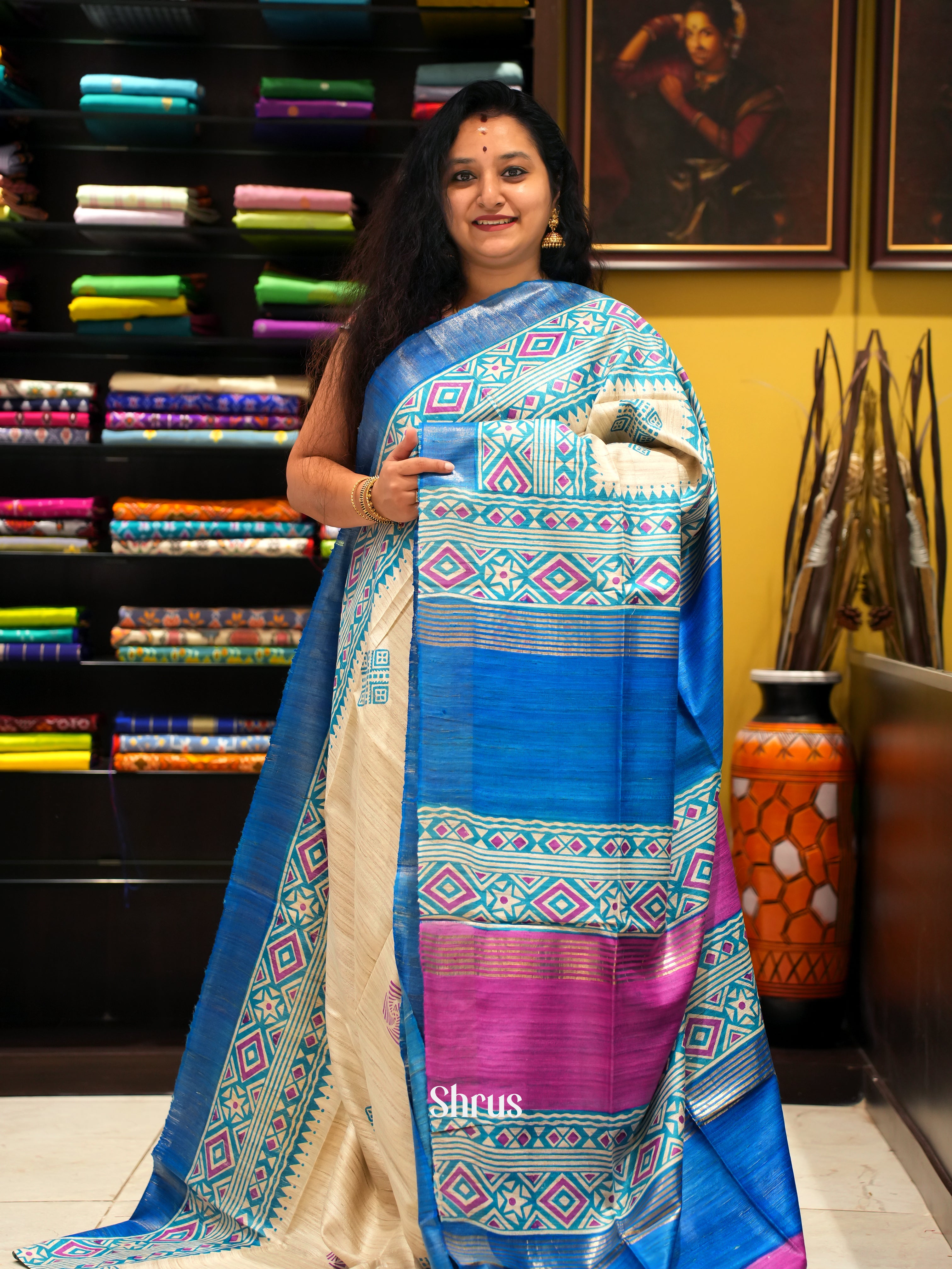 Cream & Blue - Gicha Saree - Shop on ShrusEternity.com