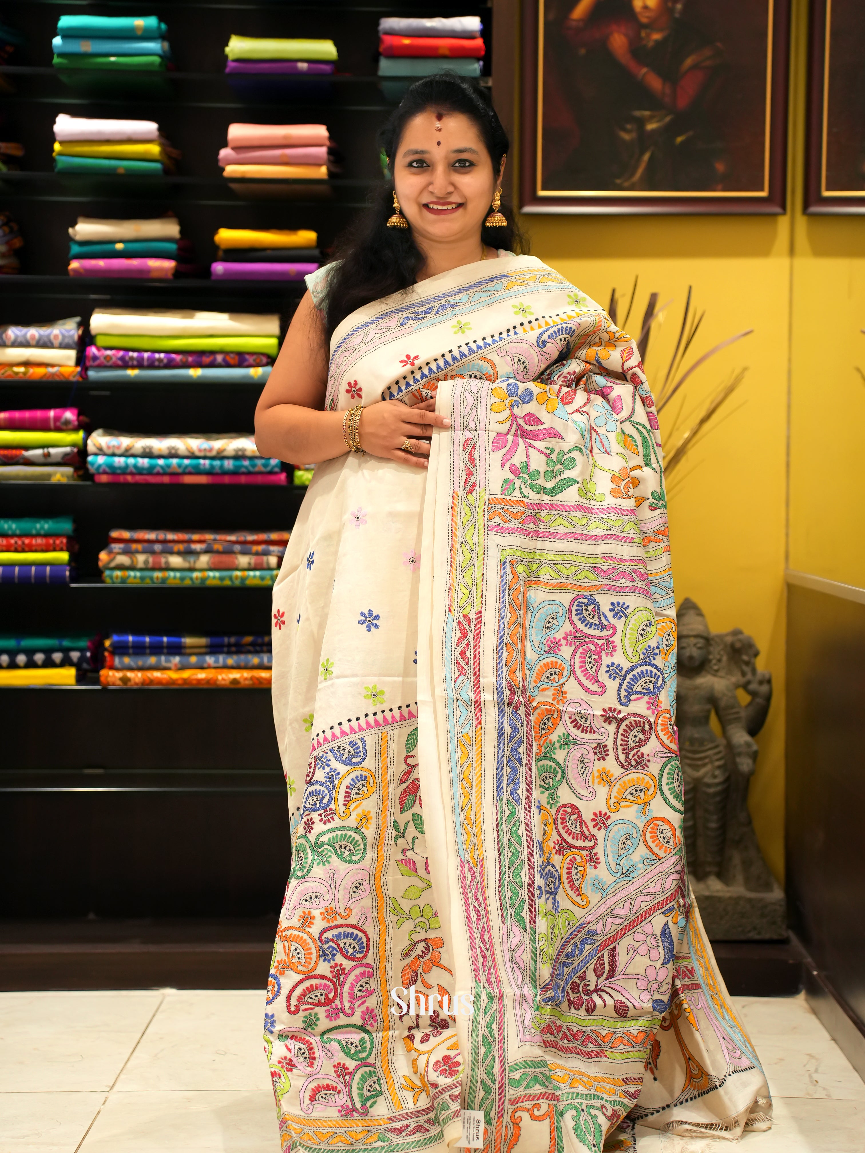 Cream (Single Tone)- Tussar Saree with Kantha Stitch - Shop on ShrusEternity.com