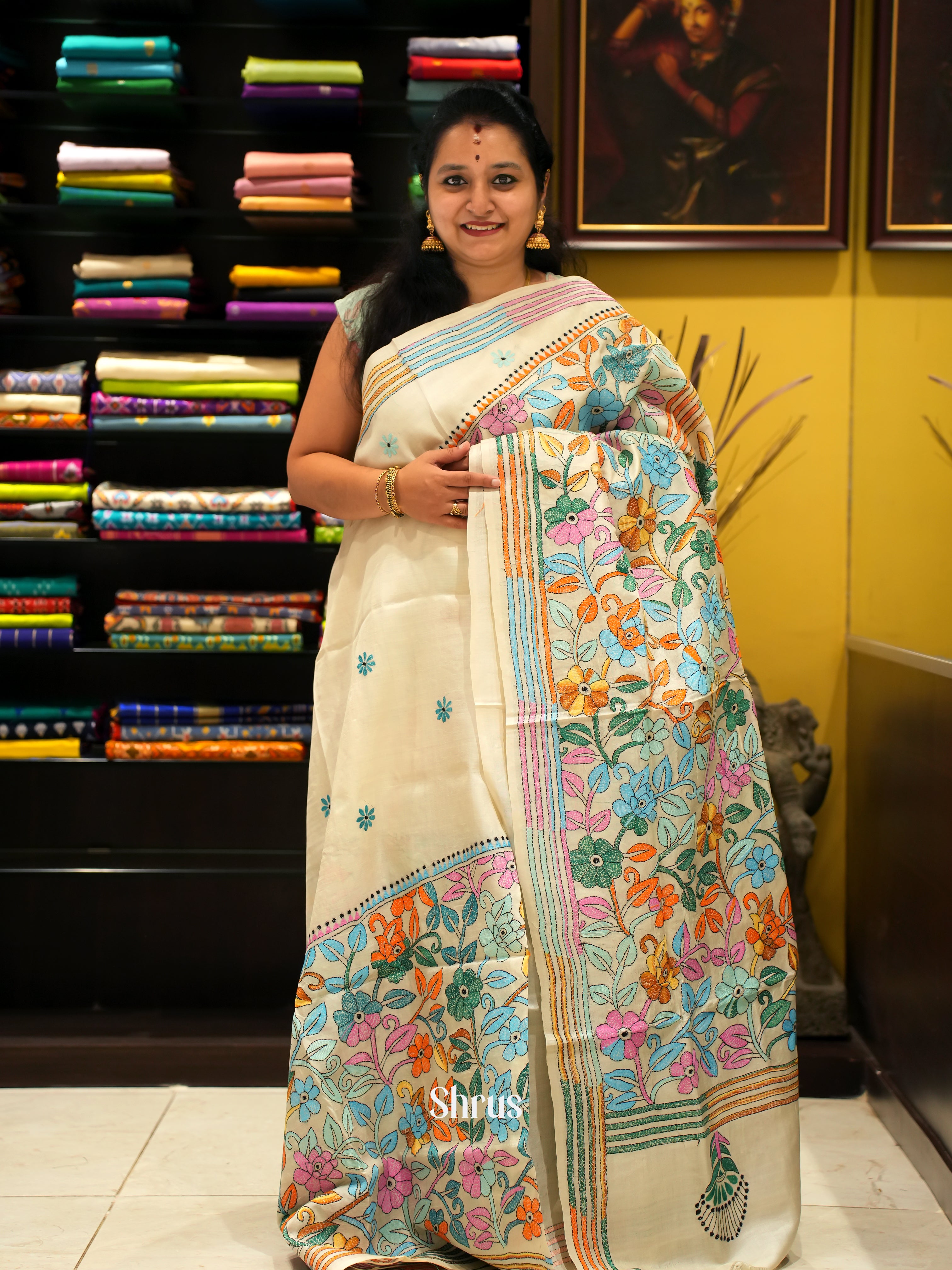 Cream(Single Tone) - Tussar Saree with Kantha Stitch - Shop on ShrusEternity.com