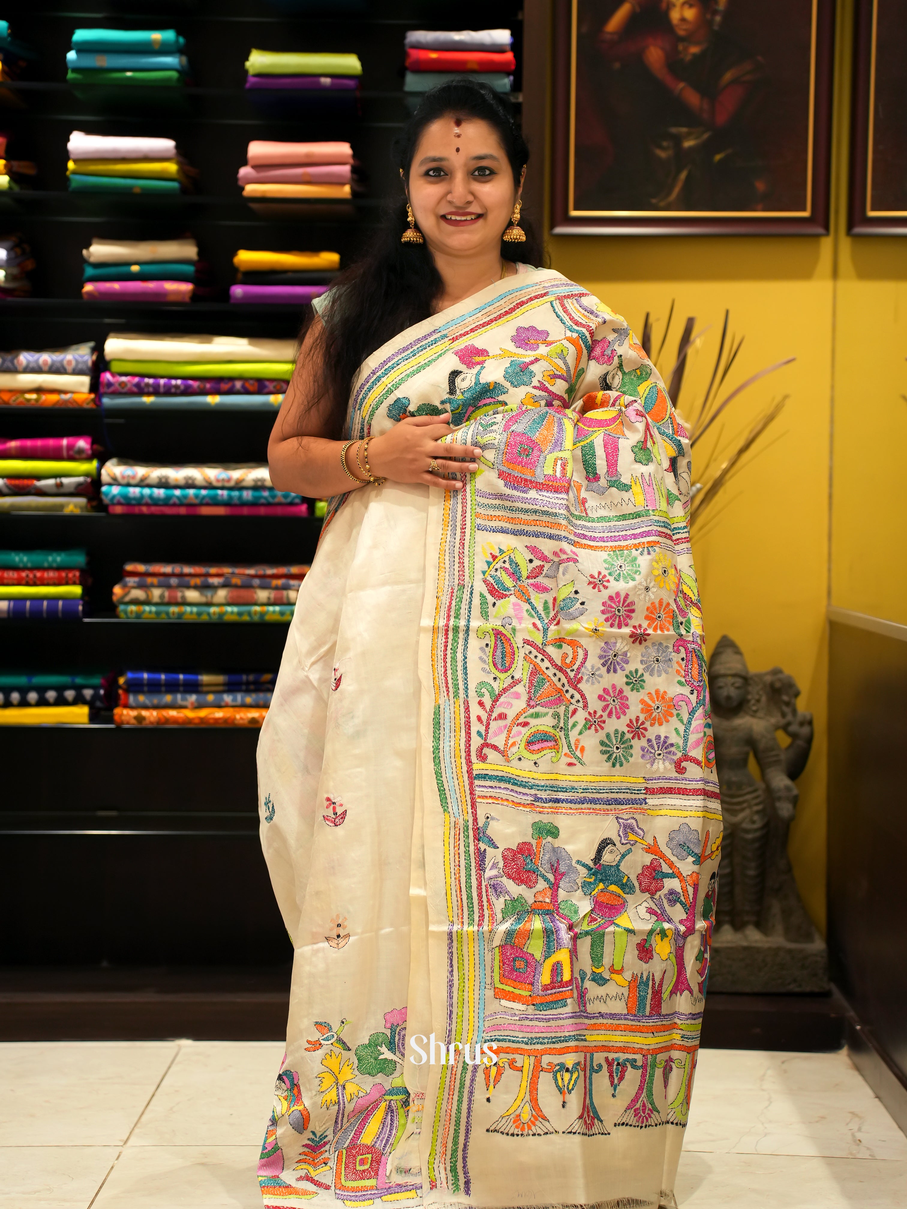 Cream (Single Tone) - Tussar Saree with Kantha Stitch - Shop on ShrusEternity.com