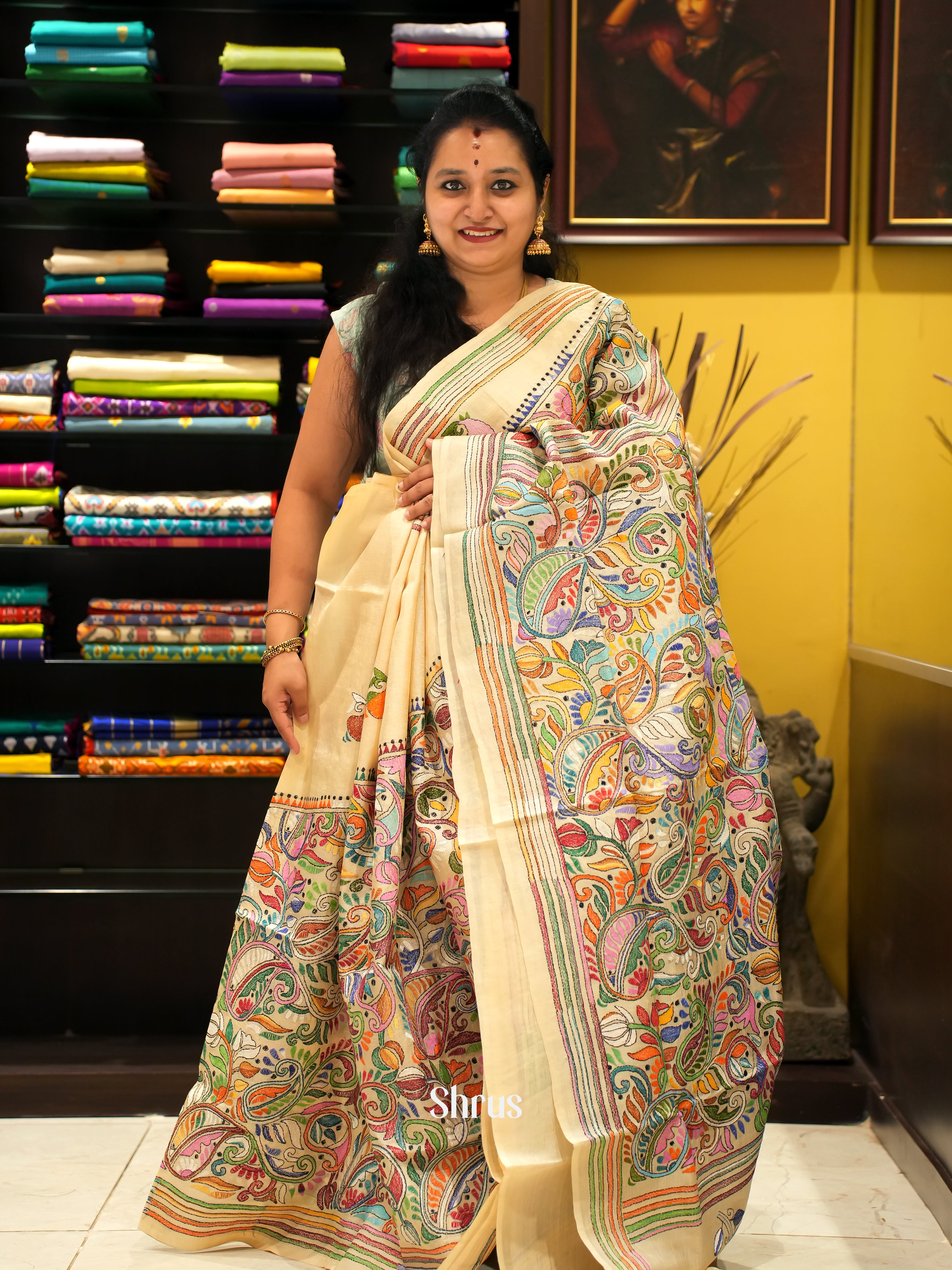 Cream(Single Tone) - Tussar Saree with Kantha Stitch - Shop on ShrusEternity.com