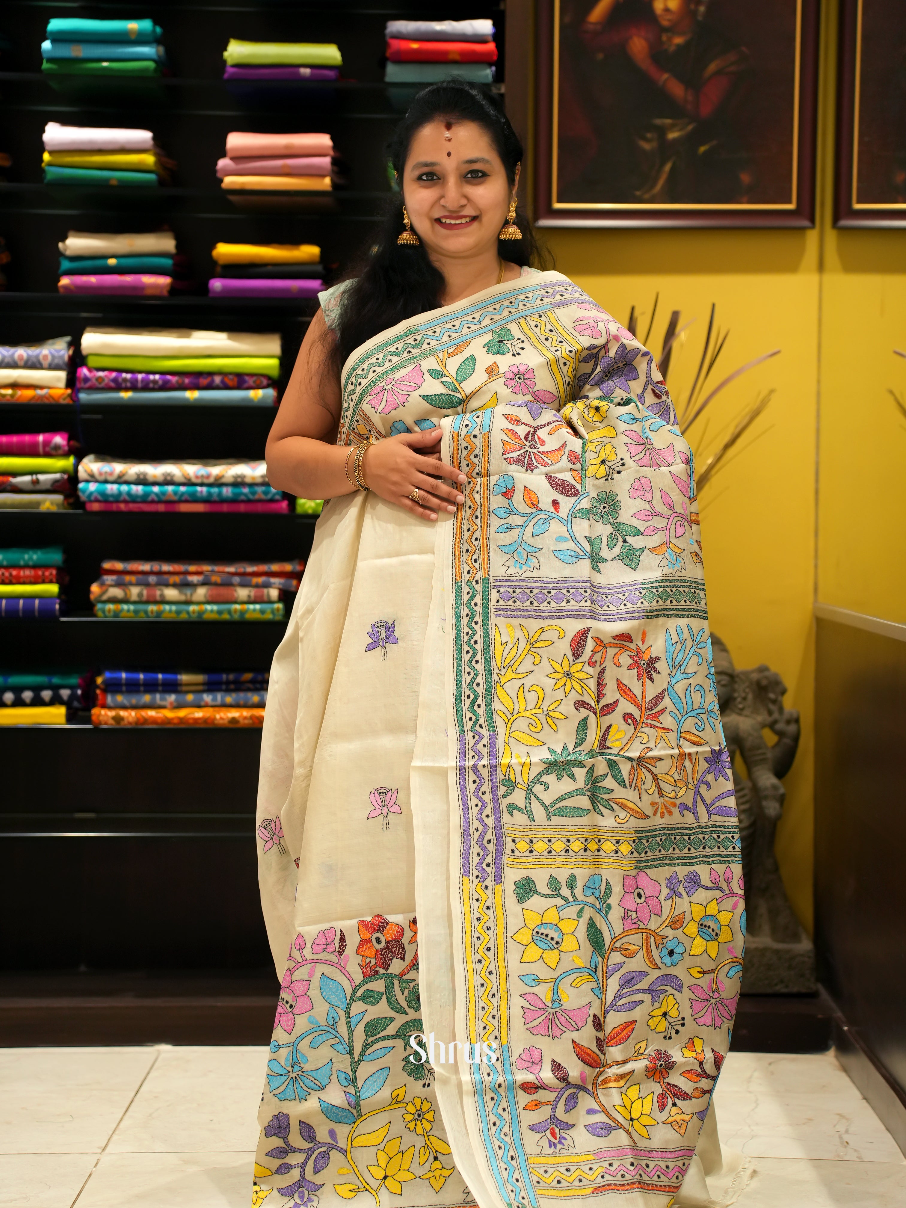 Cream(Single Tone)- Tussar Saree with Kantha Stitch - Shop on ShrusEternity.com