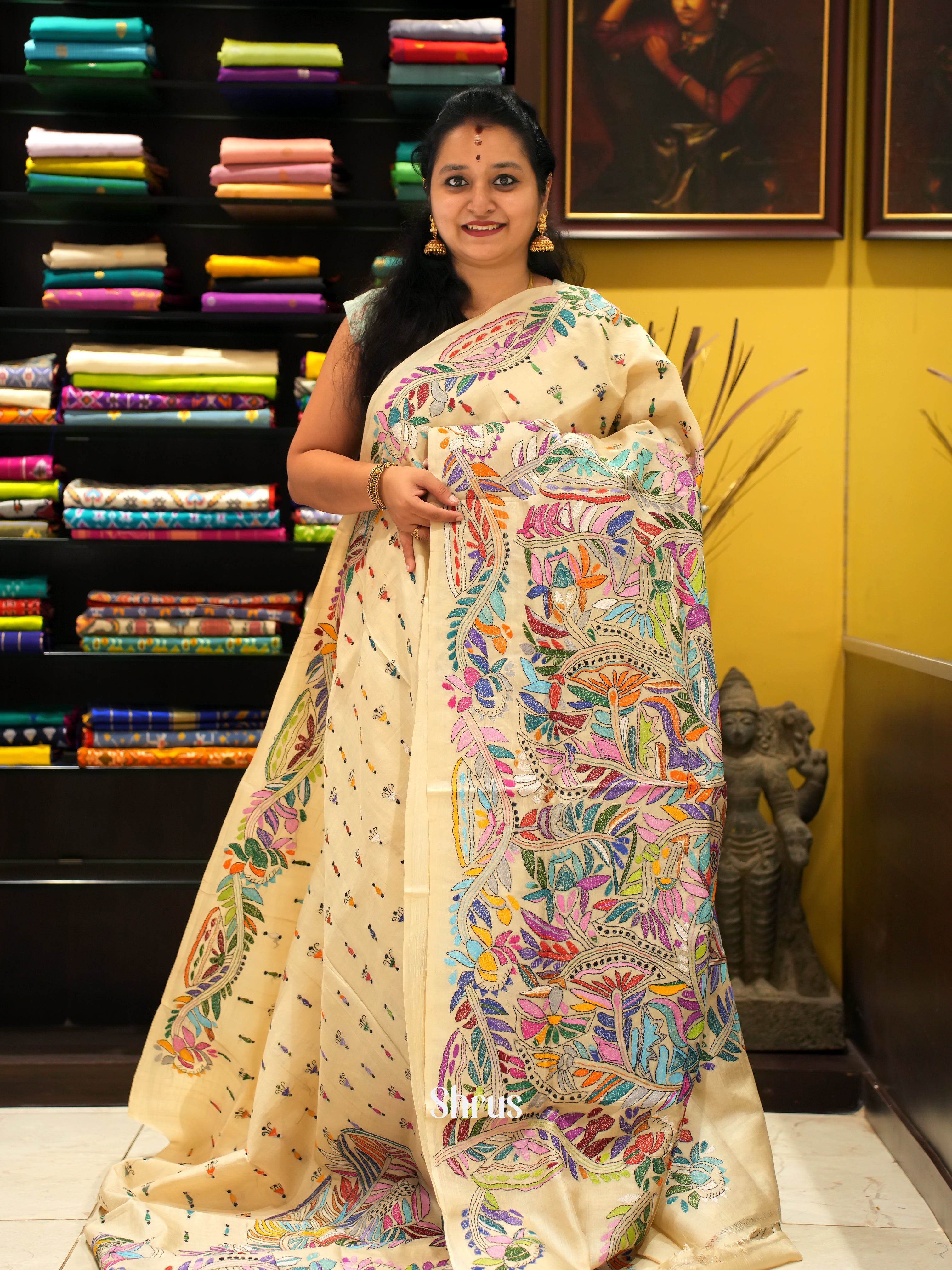 Cream(Single Tone) - Tussar Saree with Kantha Stitch - Shop on ShrusEternity.com