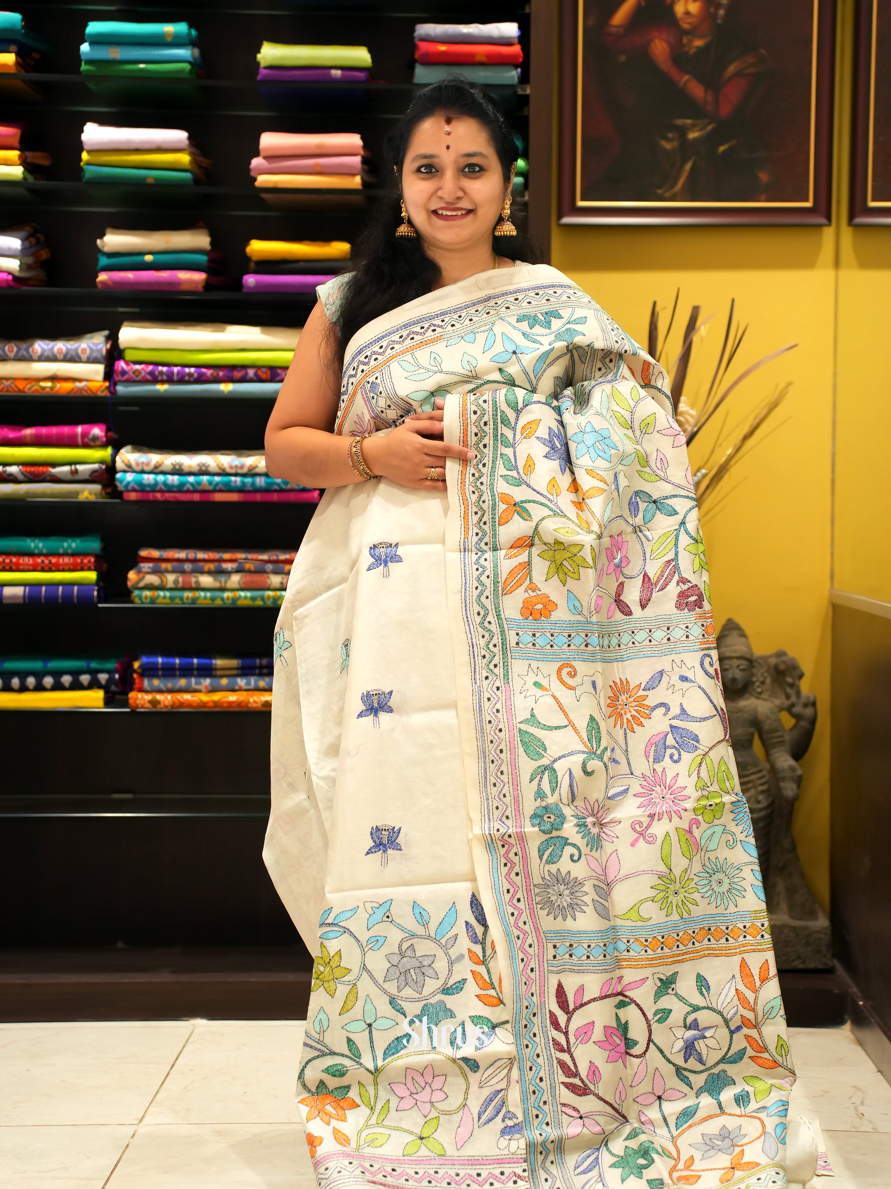 Cream(Single Tone) - Tussar Saree with Kantha Stitch - Shop on ShrusEternity.com