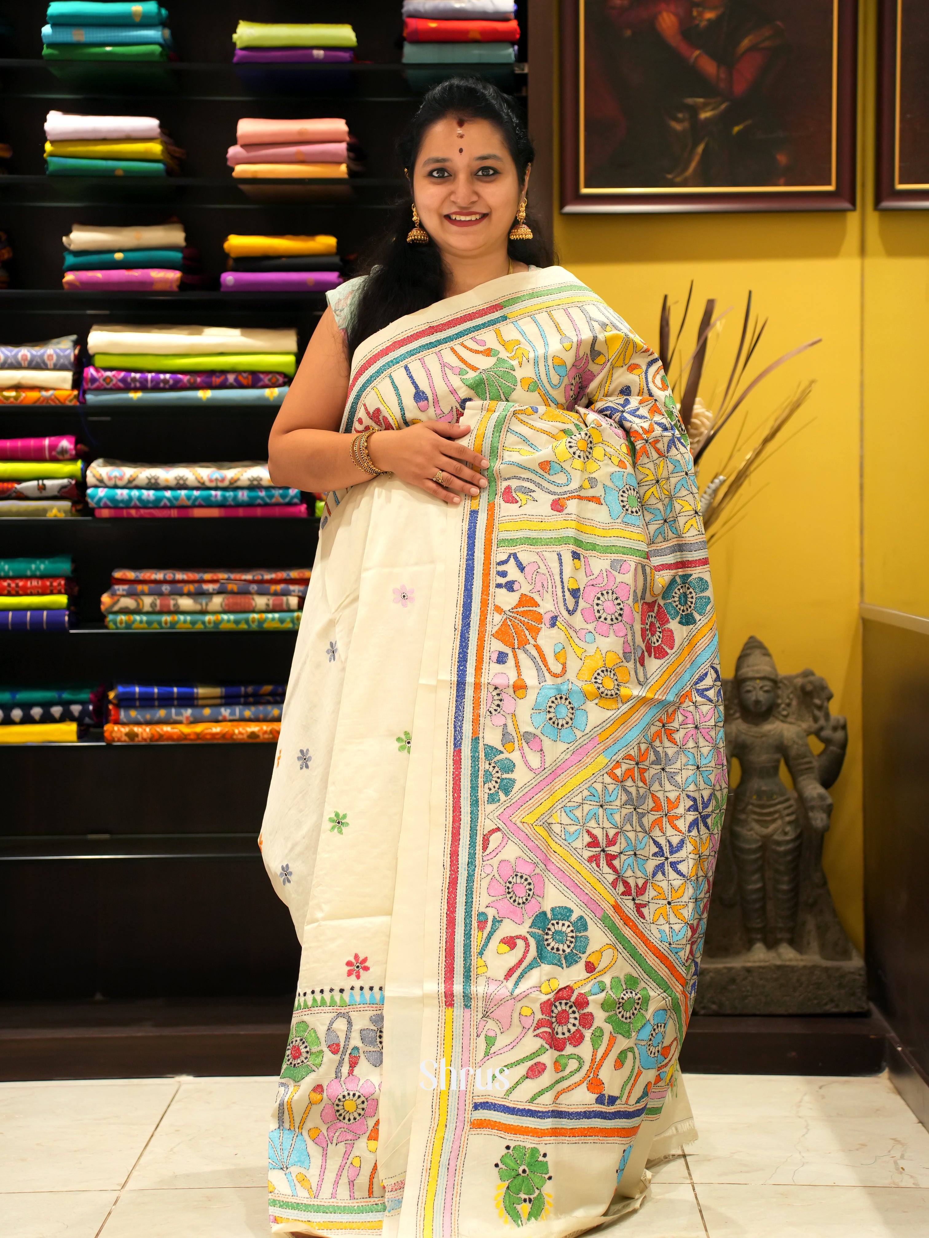 Cream(Single Tone) - Tussar Saree with Kantha Stitch - Shop on ShrusEternity.com