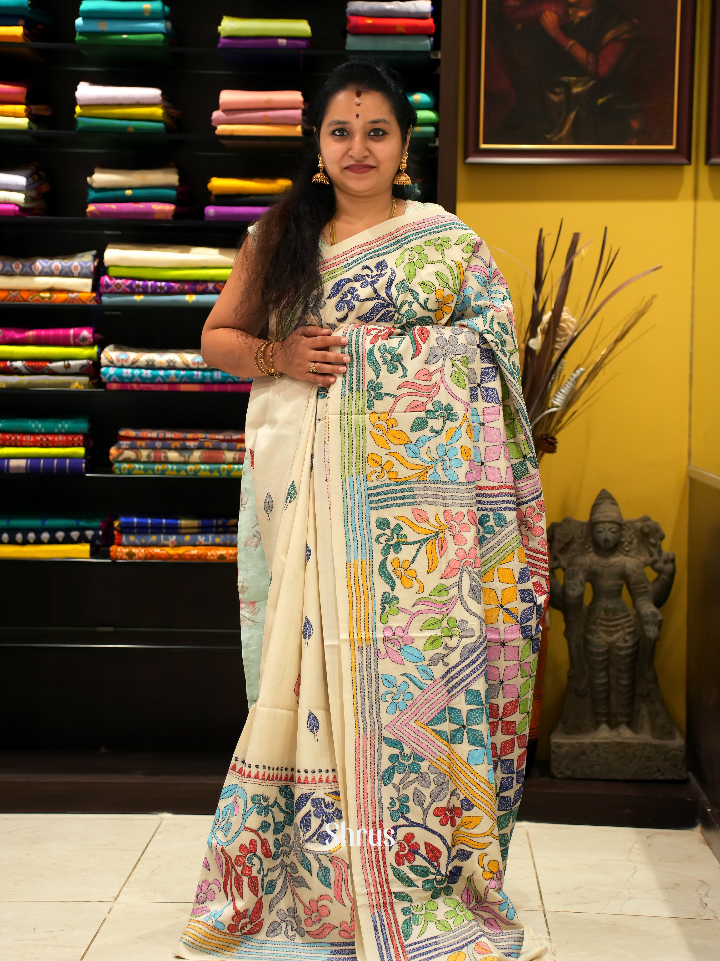 Cream(Single Tone) - Tussar Saree with Kantha Stitch - Shop on ShrusEternity.com