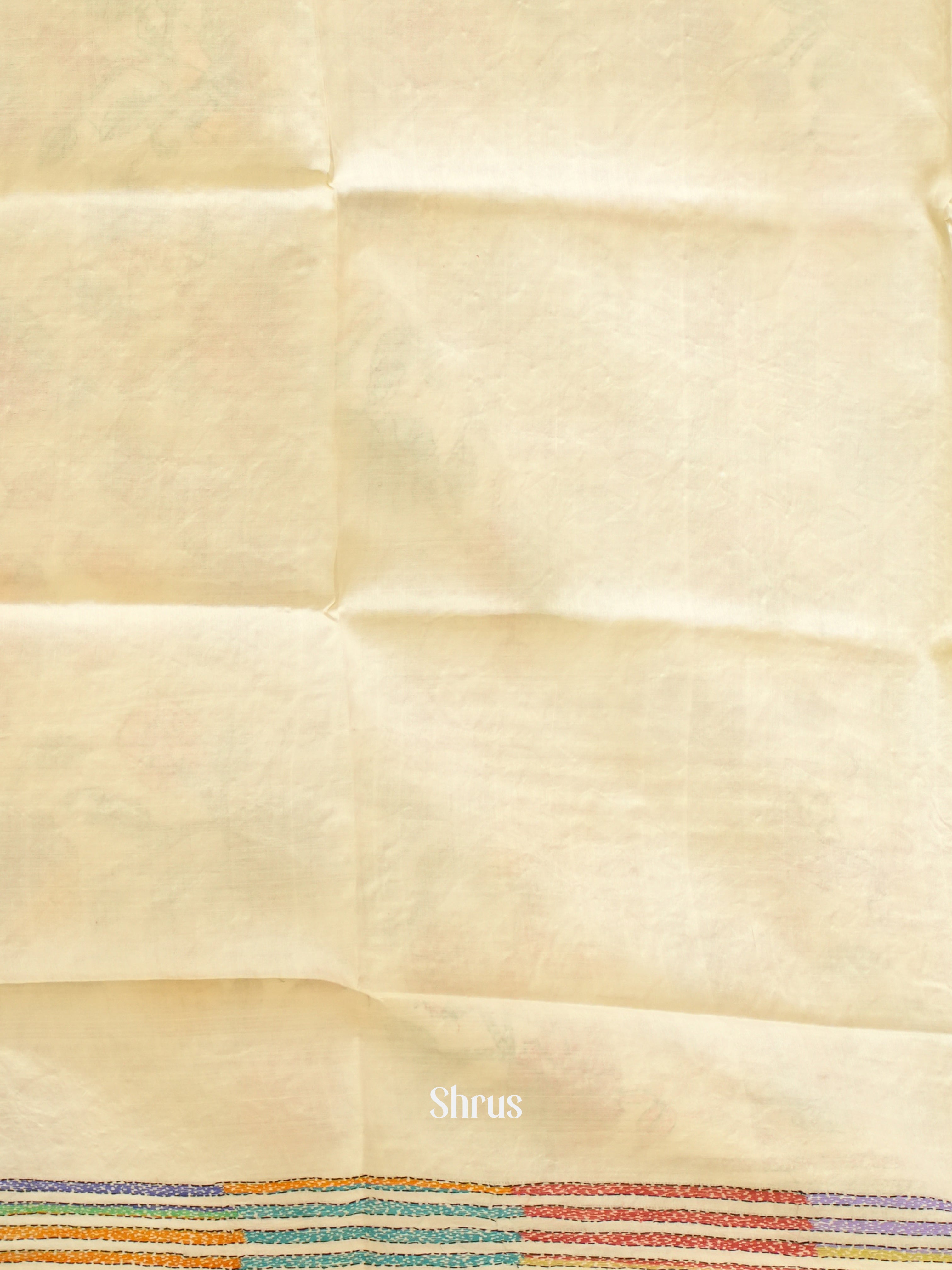 Cream(Single Tone) - Tussar Saree with Kantha Stitch - Shop on ShrusEternity.com
