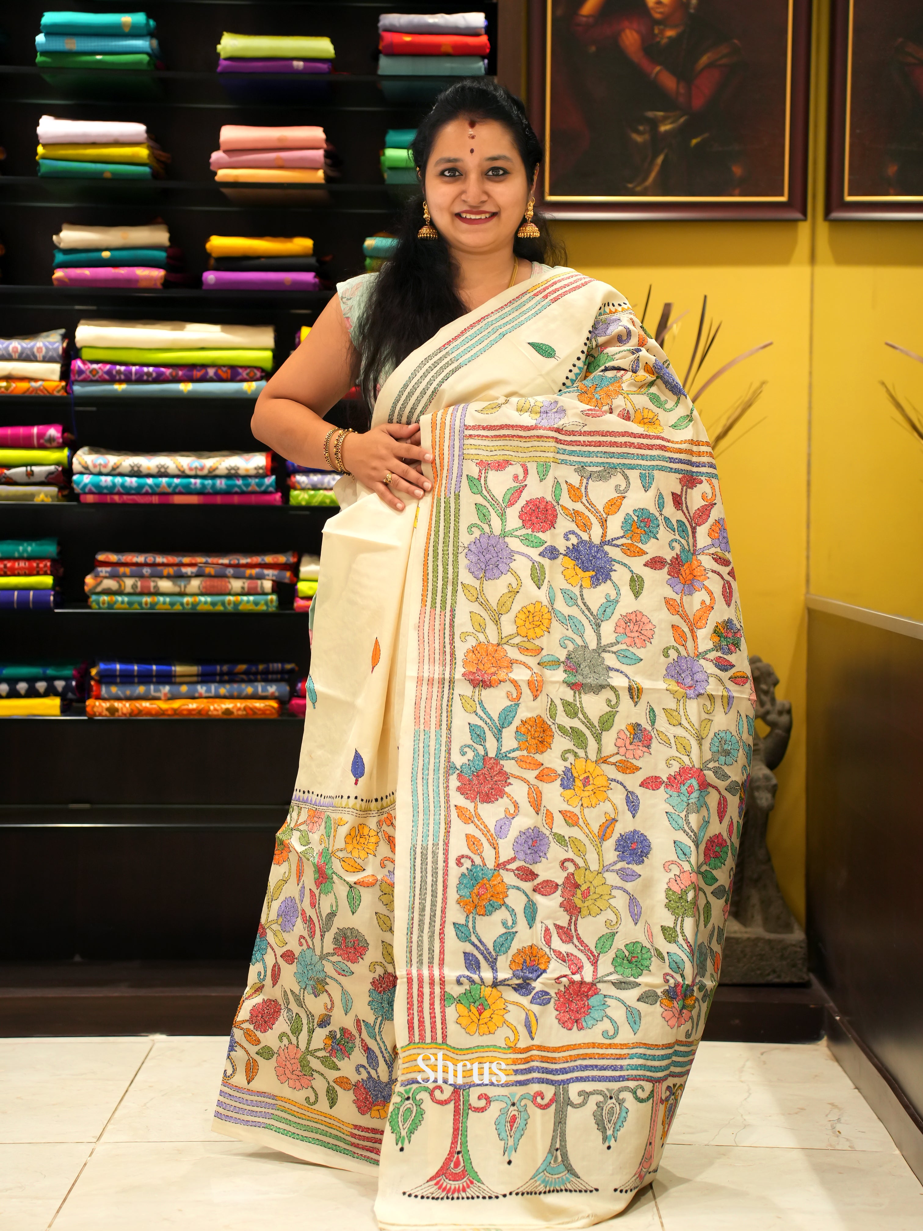 Cream(Single Tone) - Tussar Saree with Kantha Stitch - Shop on ShrusEternity.com