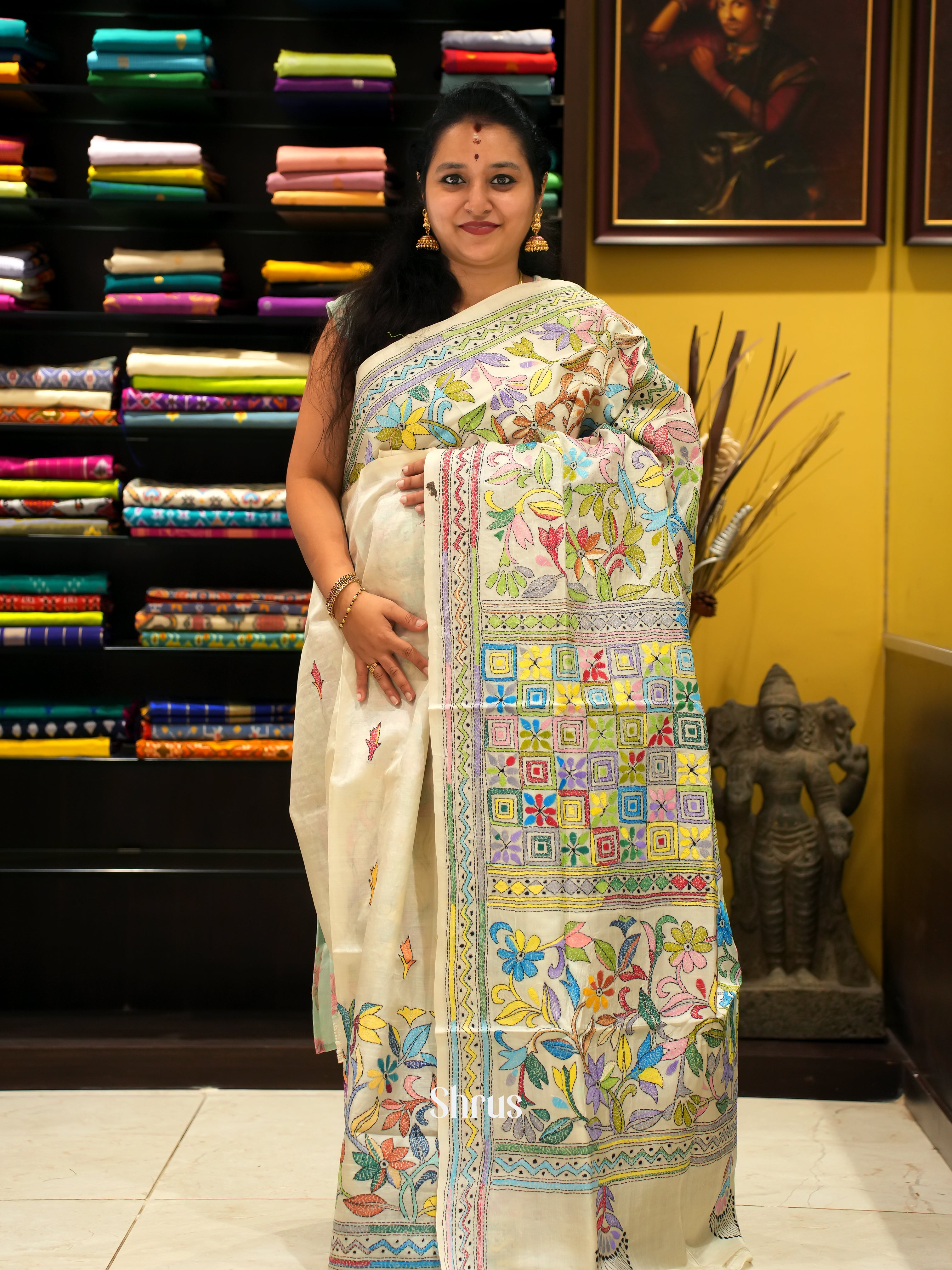 Cream(Single Tone) - Tussar Saree with Kantha Stitch - Shop on ShrusEternity.com