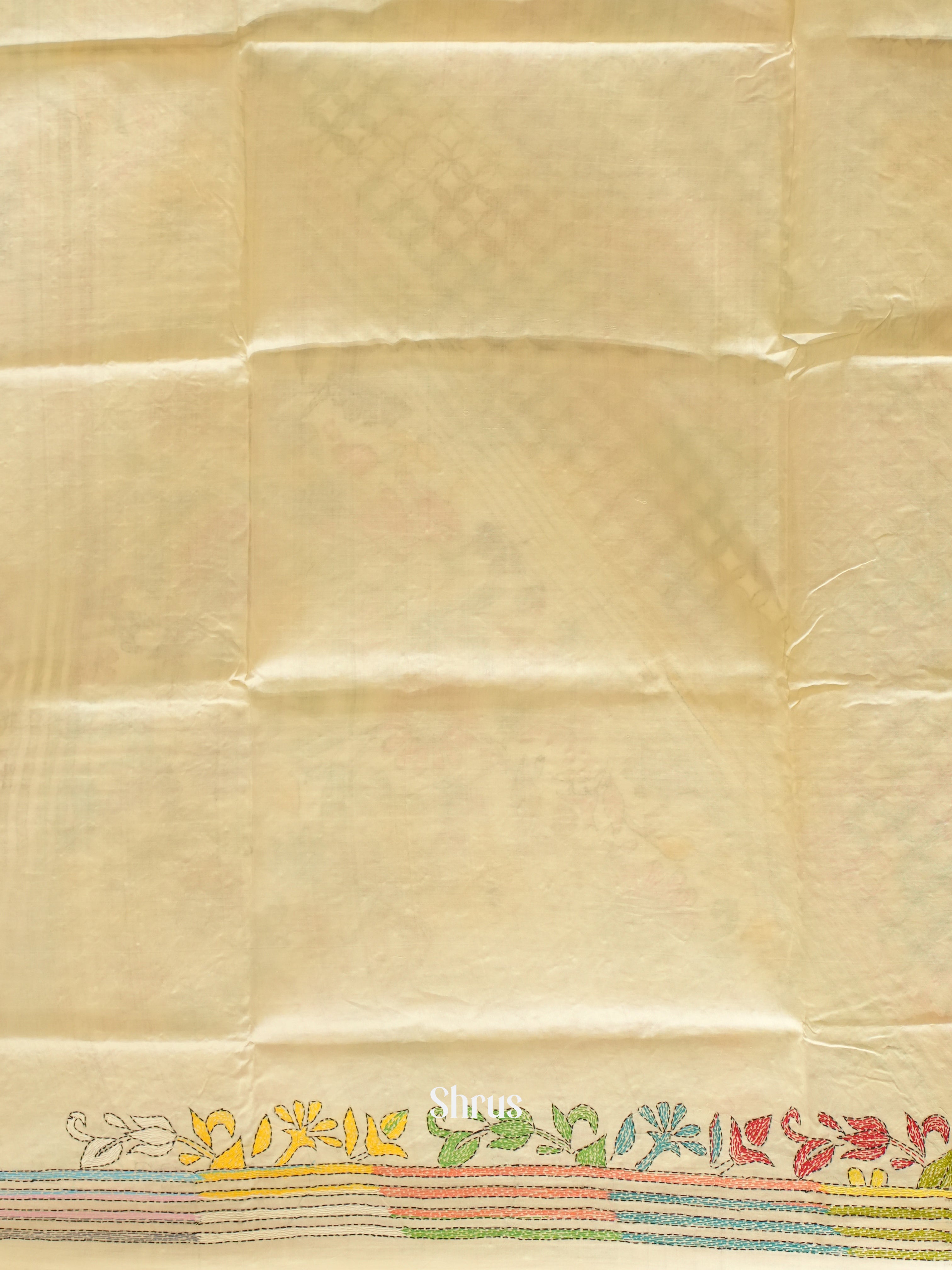 Cream(Single Tone) - Tussar Saree with Kantha Stitch - Shop on ShrusEternity.com