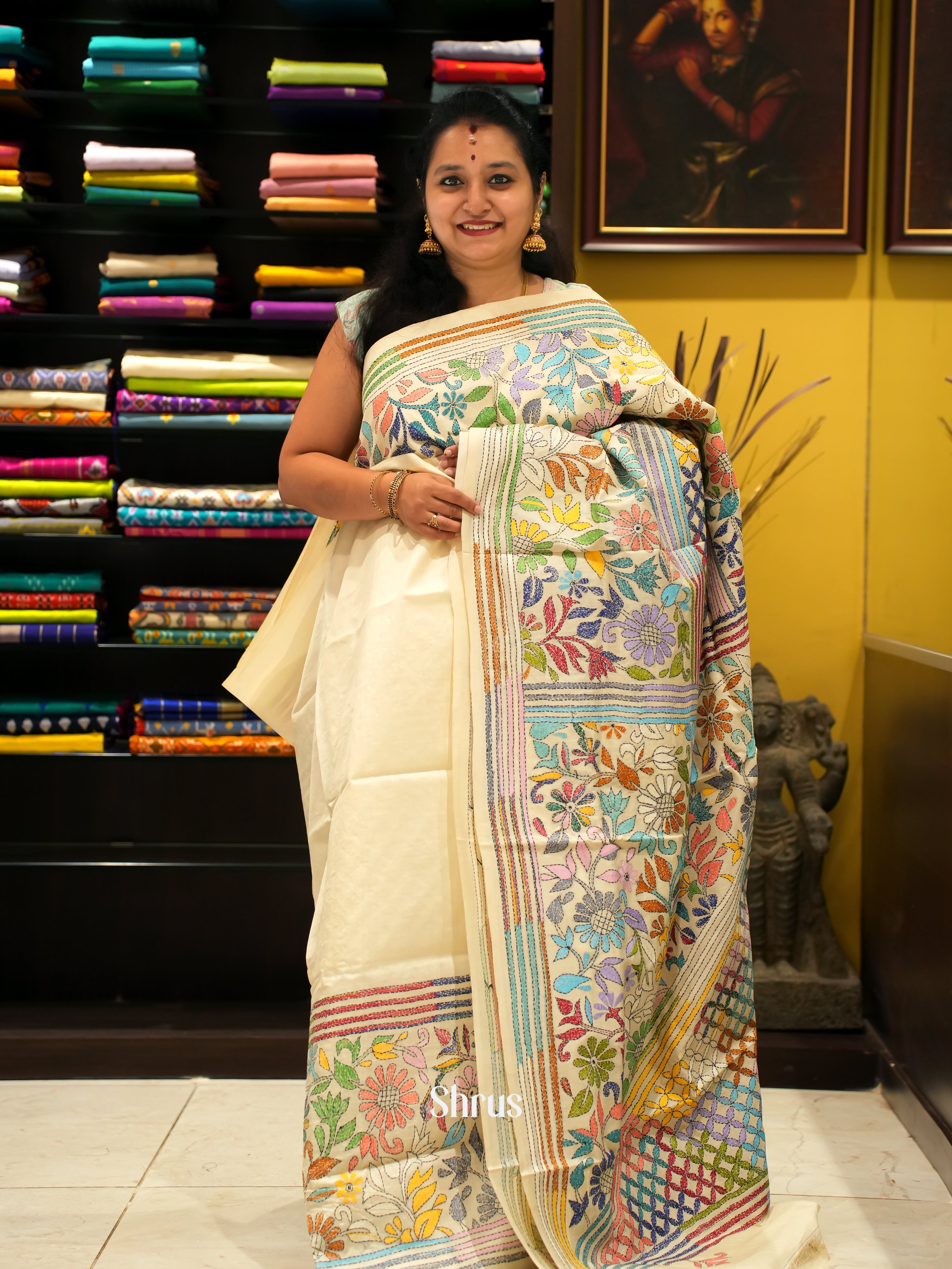 Cream(Single Tone) - Tussar Saree with Kantha Stitch - Shop on ShrusEternity.com