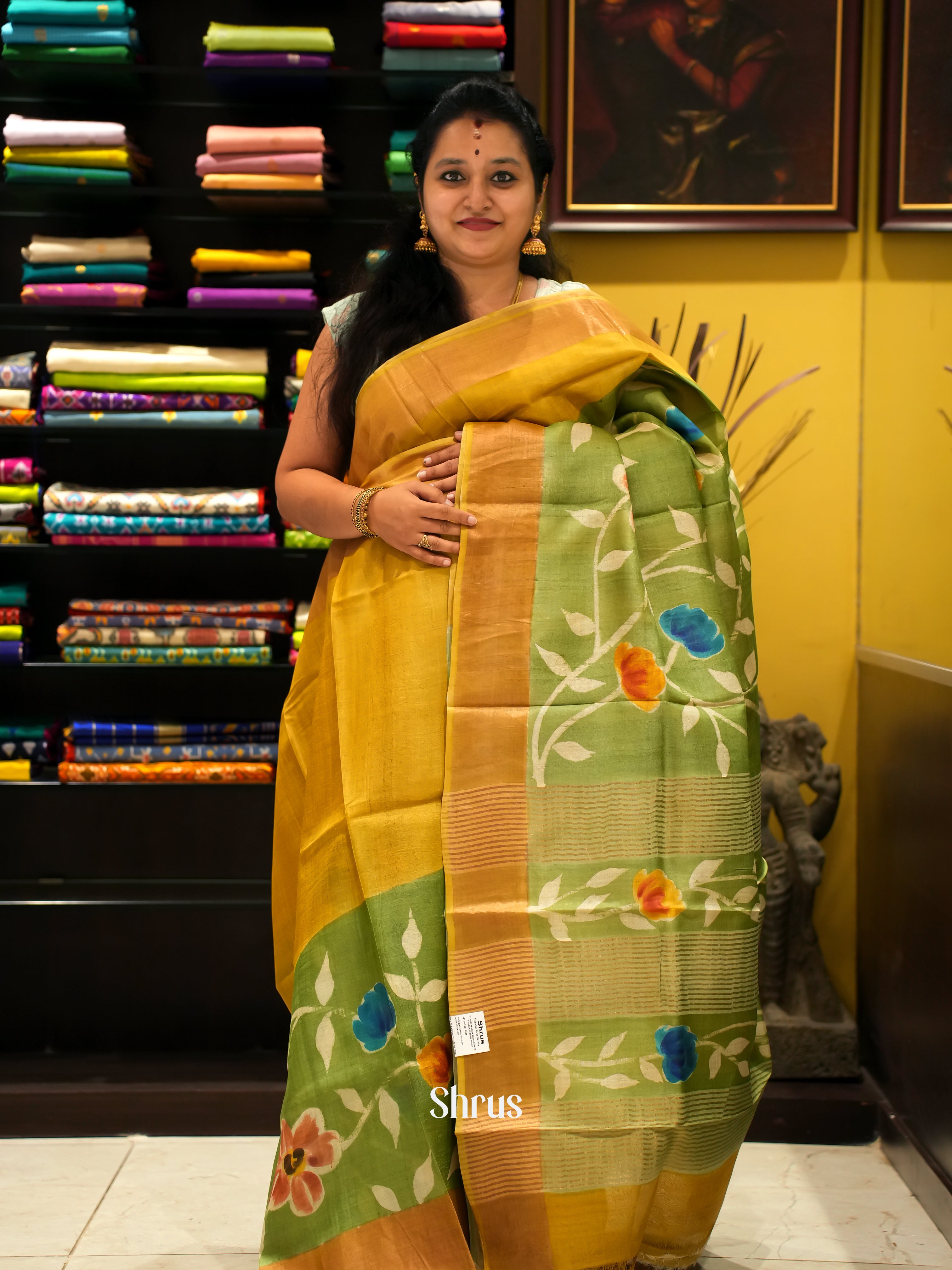 Yellow & Green- Tussar Saree - Shop on ShrusEternity.com