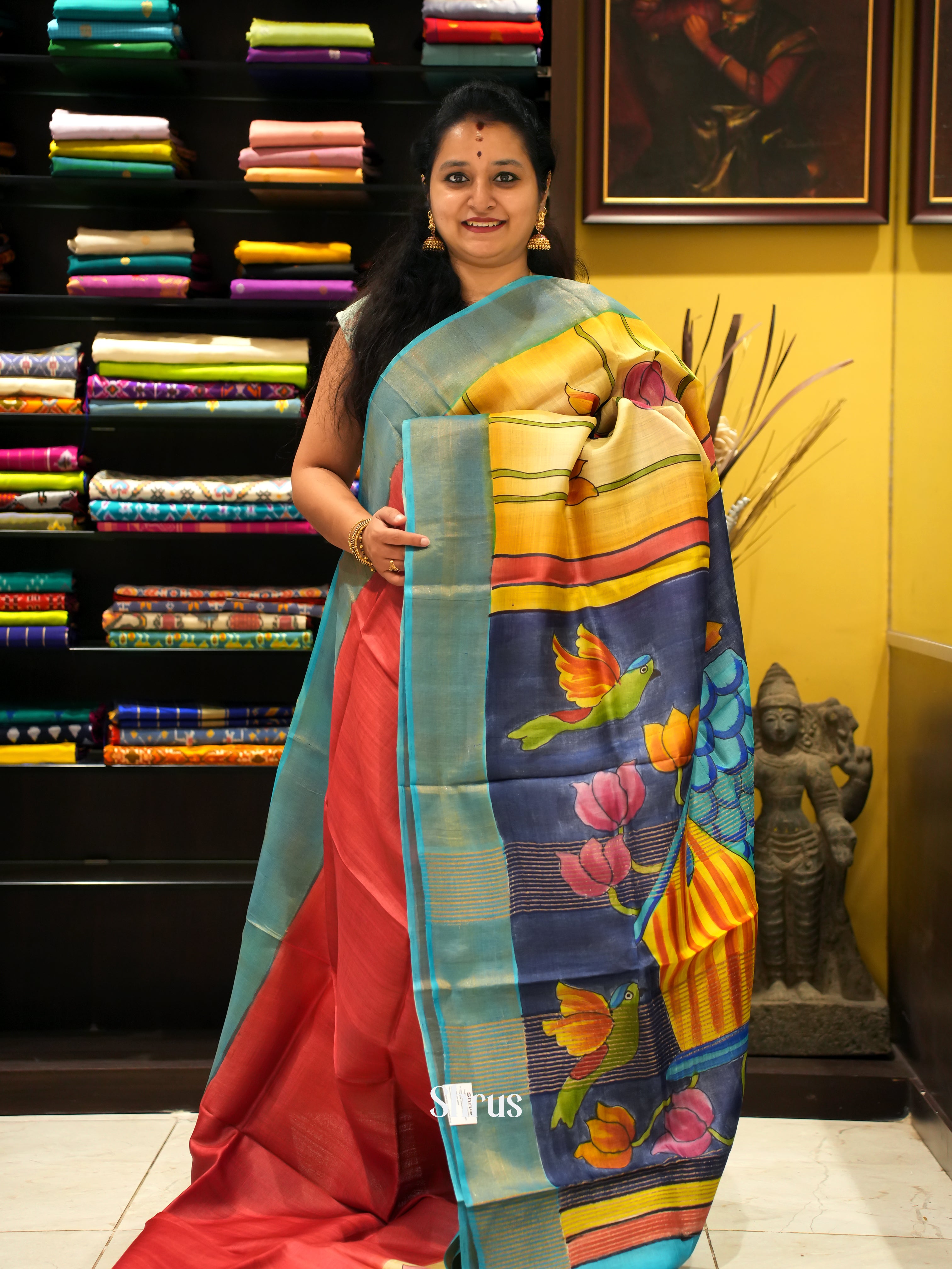 Red & Yellow - Tussar Saree - Shop on ShrusEternity.com