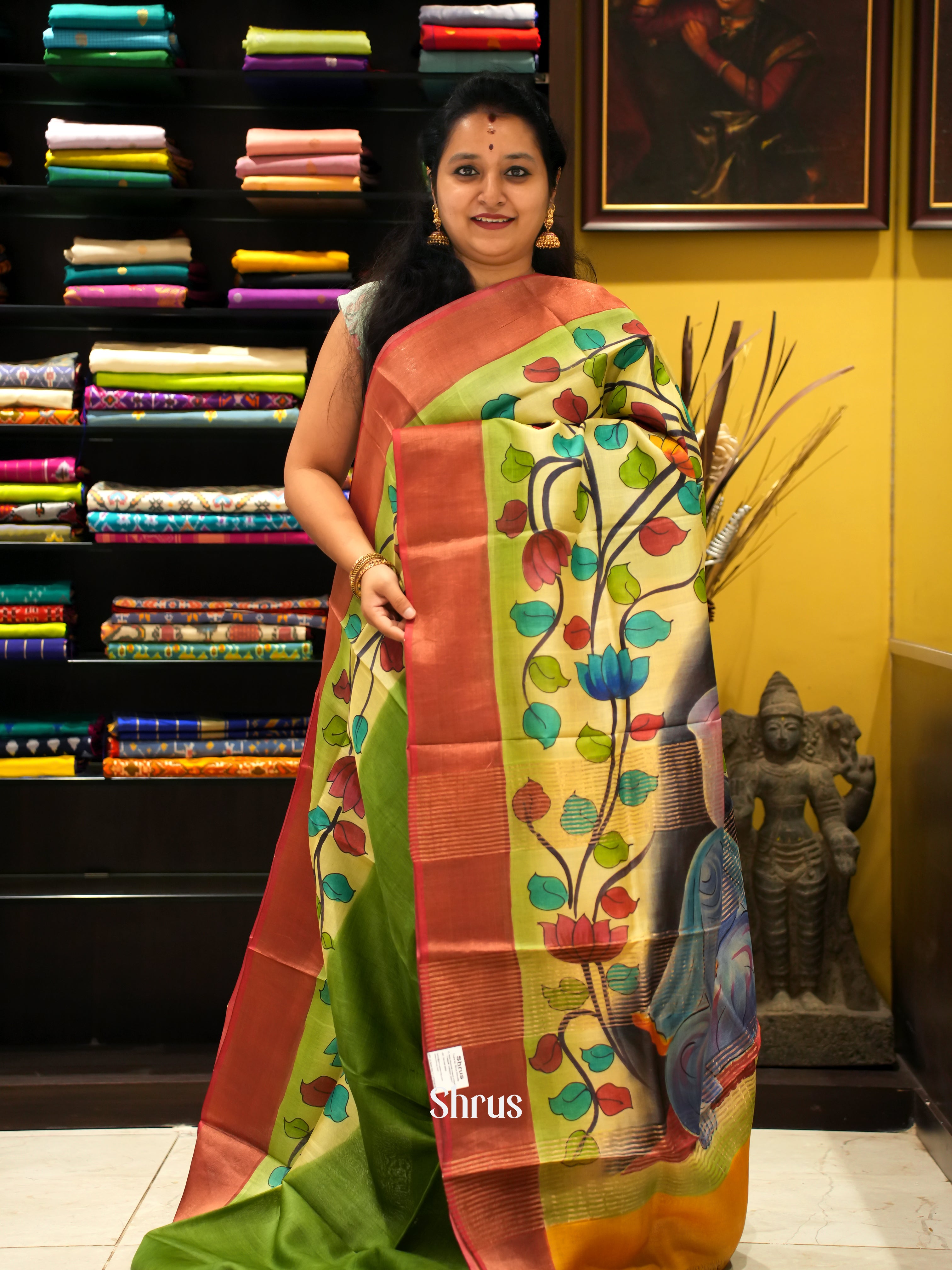 Green & Mustard - Tussar Saree - Shop on ShrusEternity.com