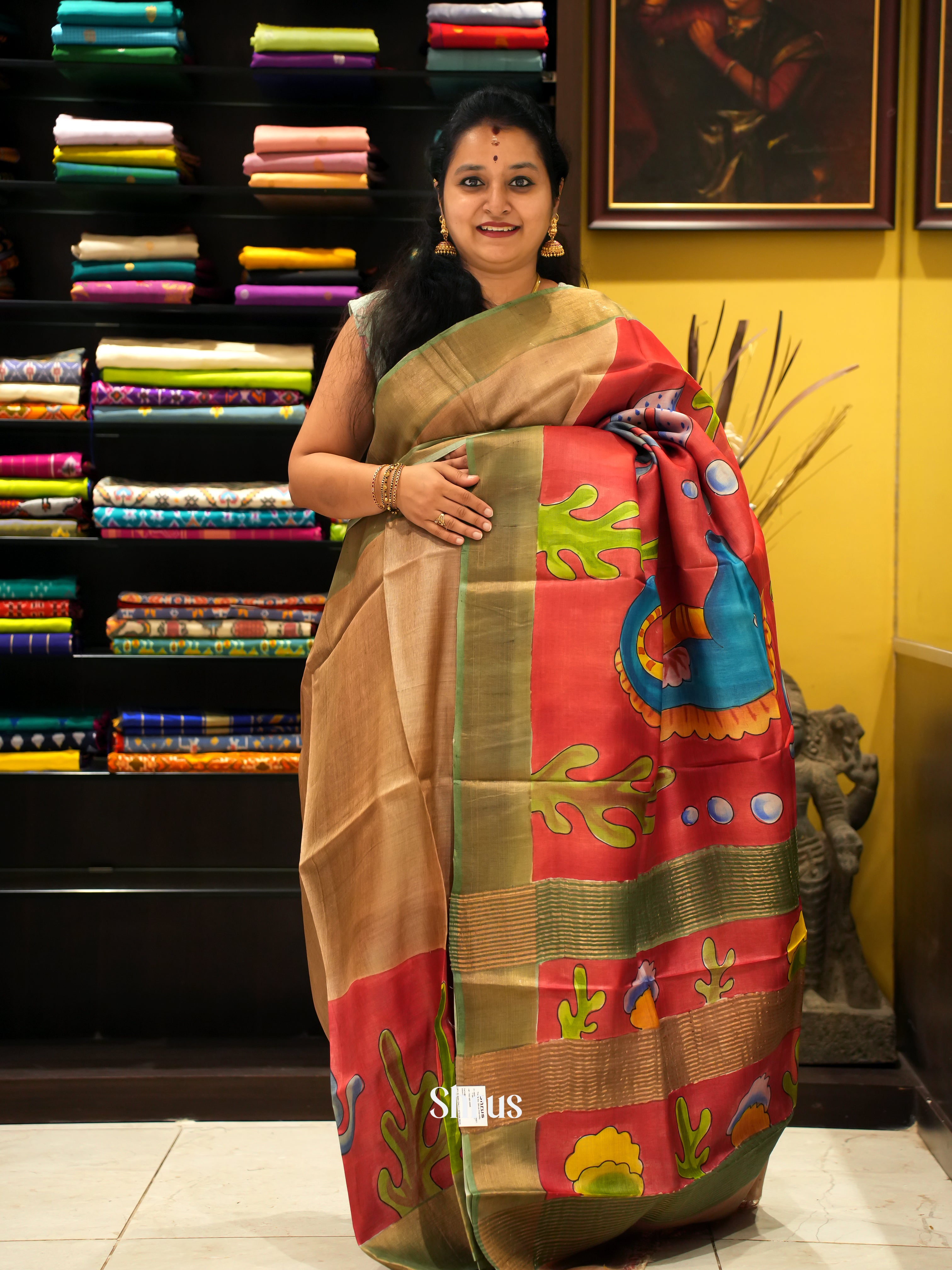Red & Green - Tussar Saree - Shop on ShrusEternity.com