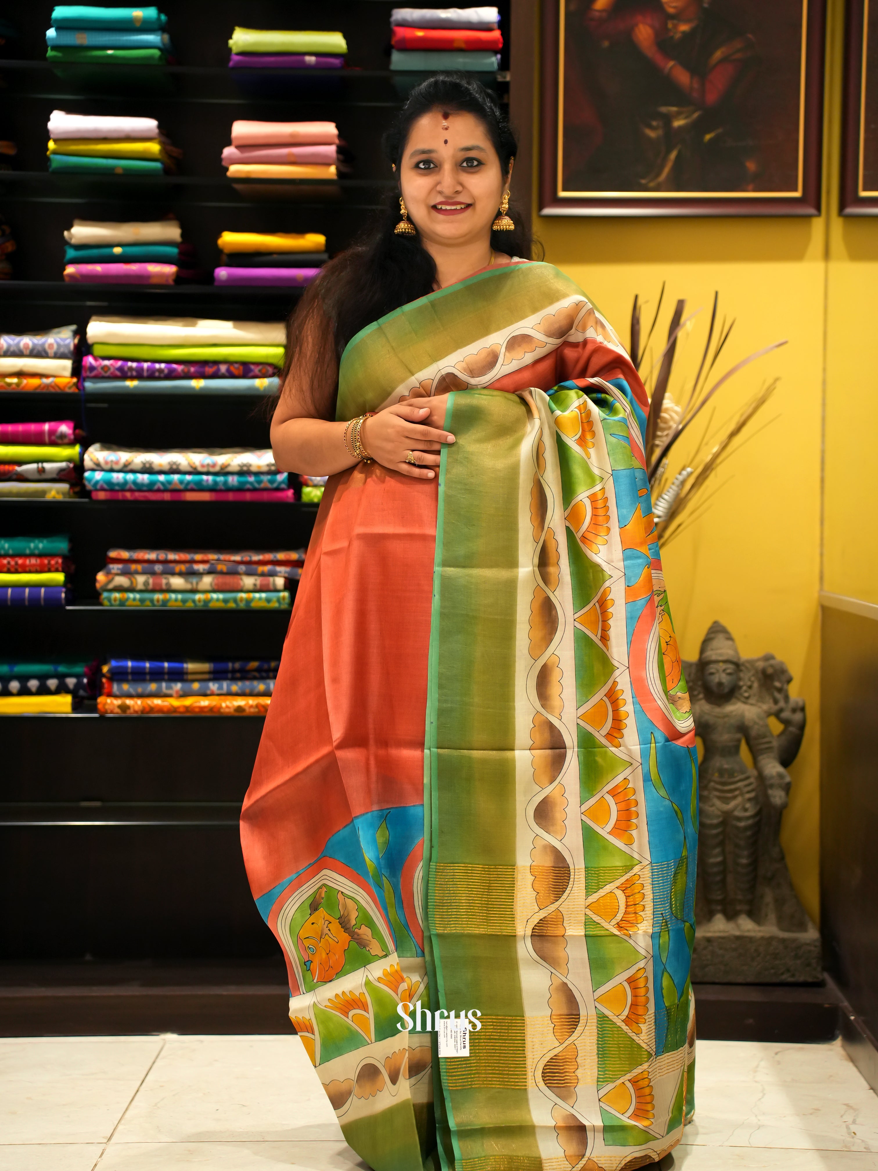 Red & Green - Tussar Saree - Shop on ShrusEternity.com