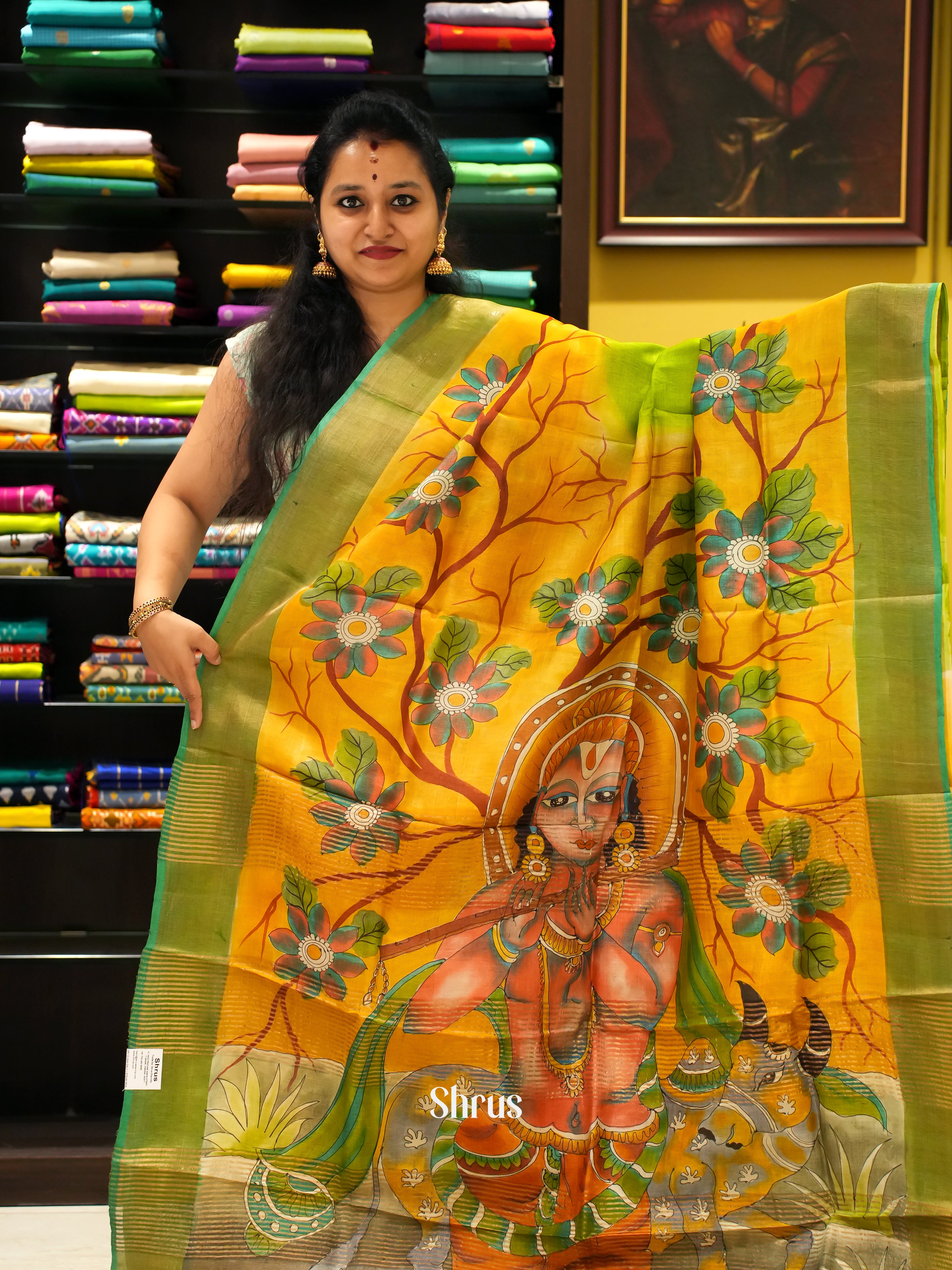 Yellow & Green - Tussar Saree - Shop on ShrusEternity.com