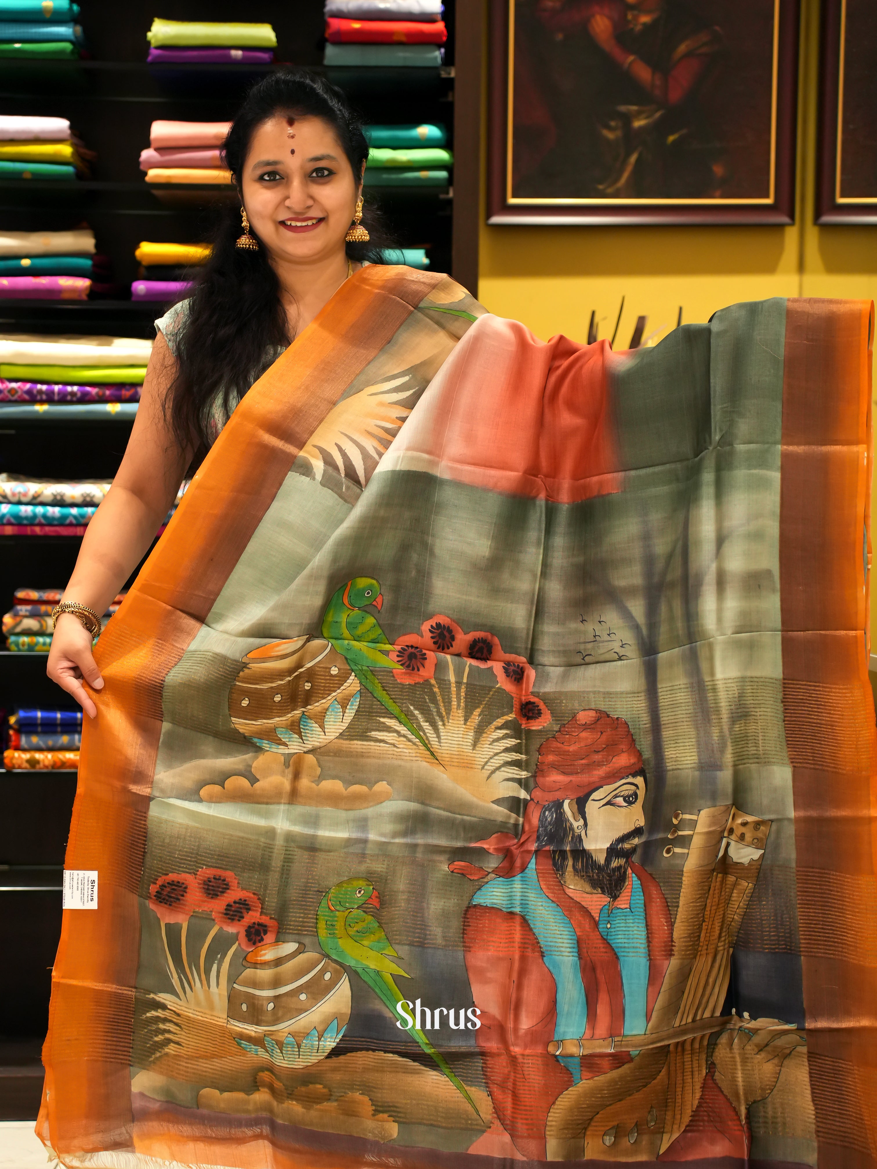 Grey & Orange - Tussar Saree - Shop on ShrusEternity.com