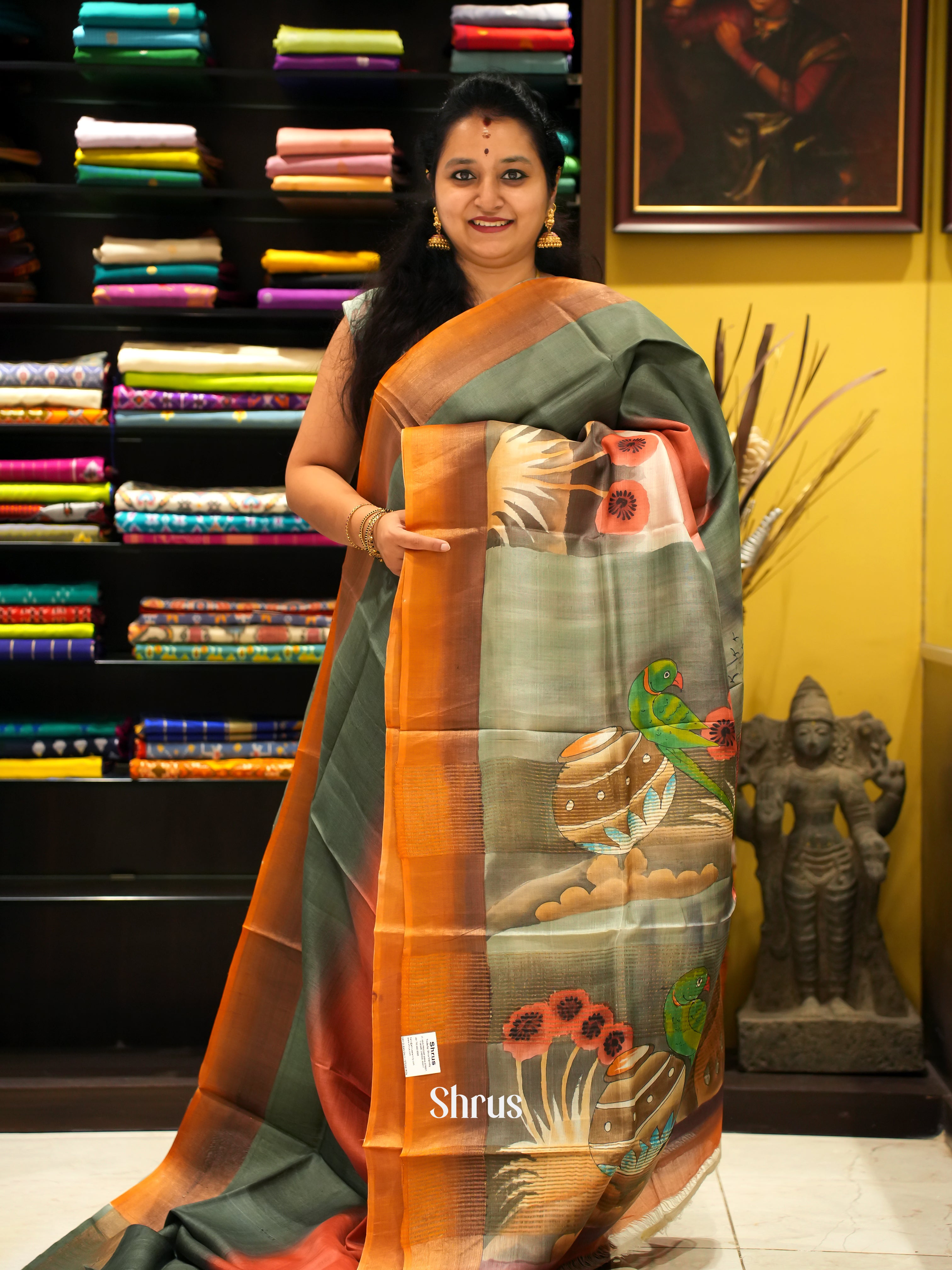 Grey & Orange - Tussar Saree - Shop on ShrusEternity.com