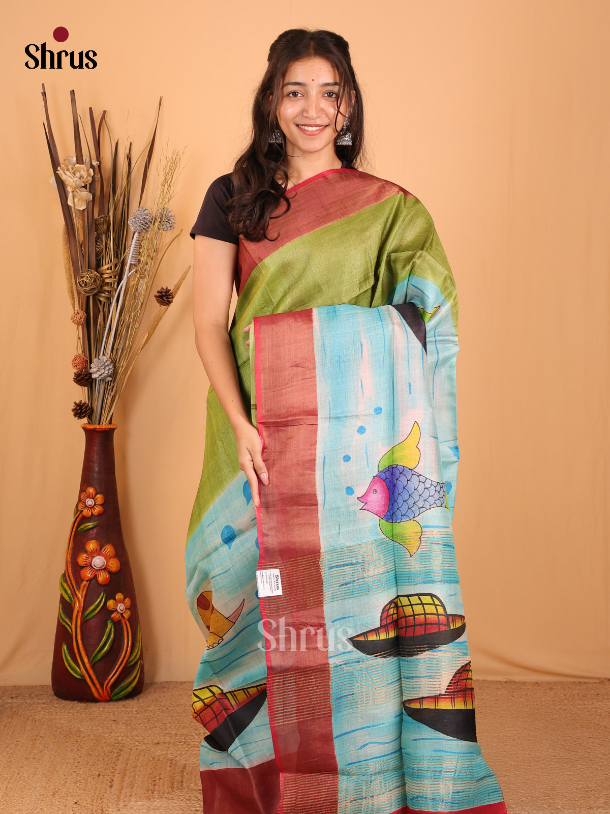 Green & Blue- Tussar Saree - Shop on ShrusEternity.com