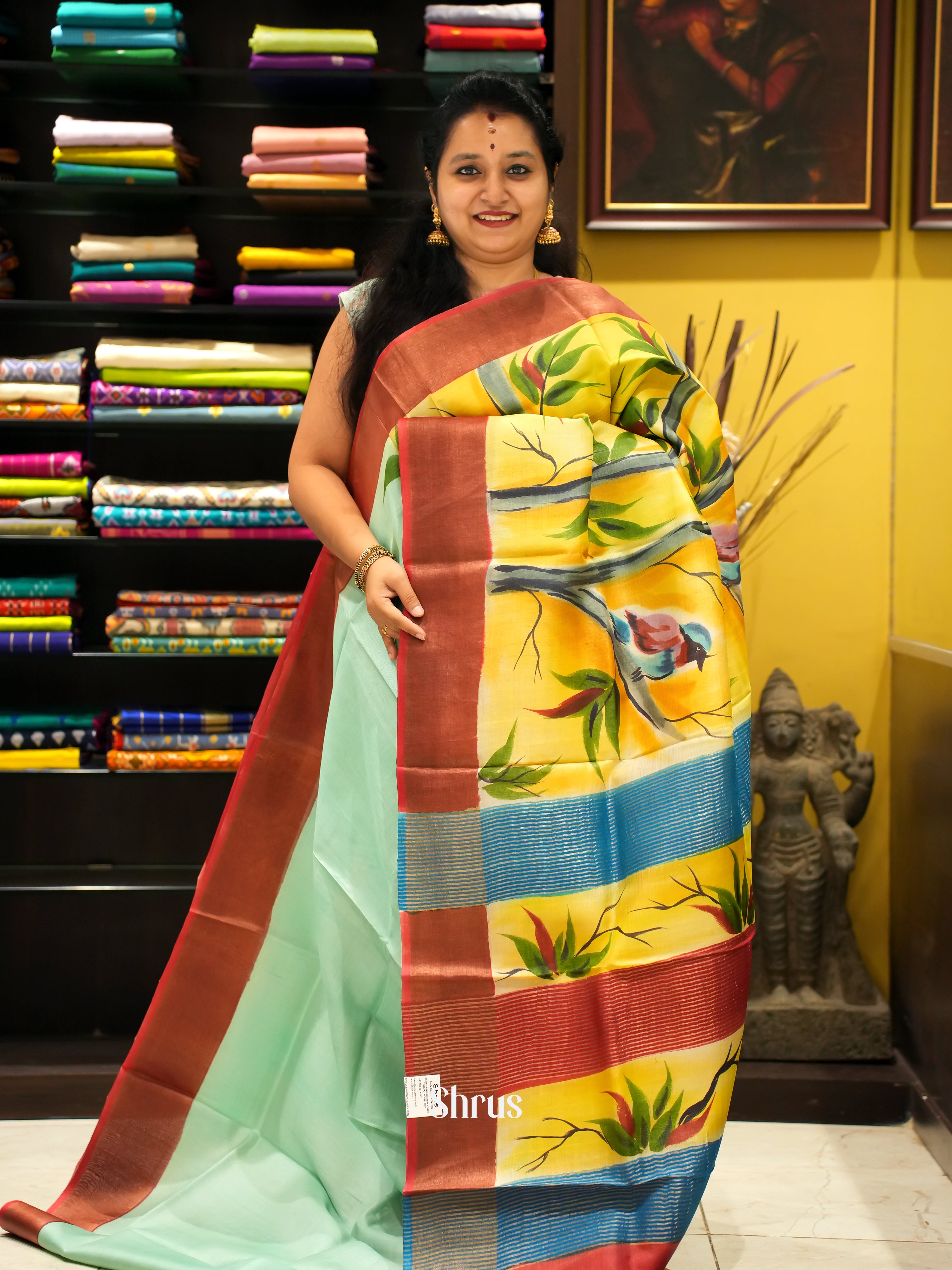 Ice Green & Yellow - Tussar Saree - Shop on ShrusEternity.com