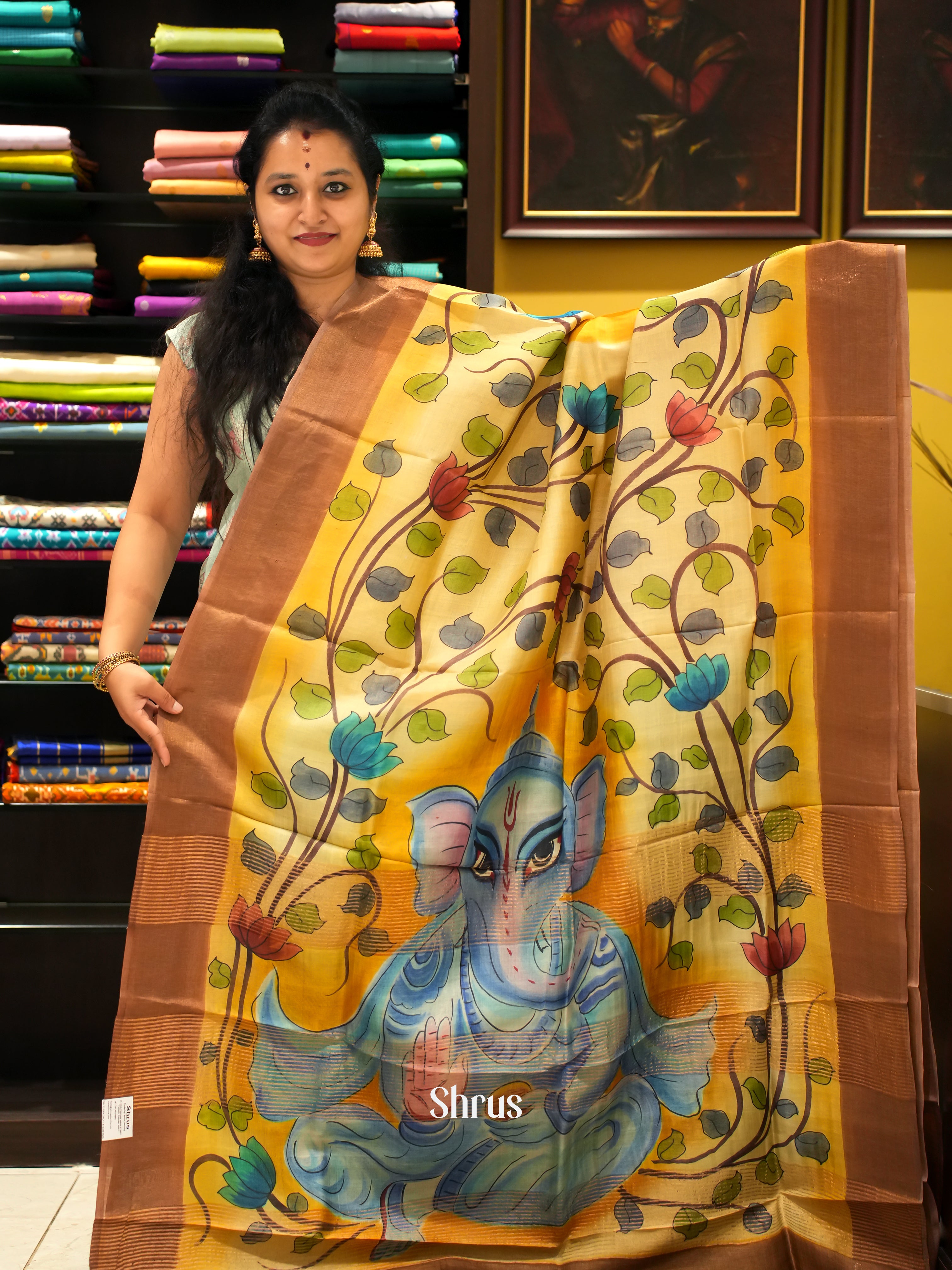 Yellow & Green - Tussar Saree - Shop on ShrusEternity.com