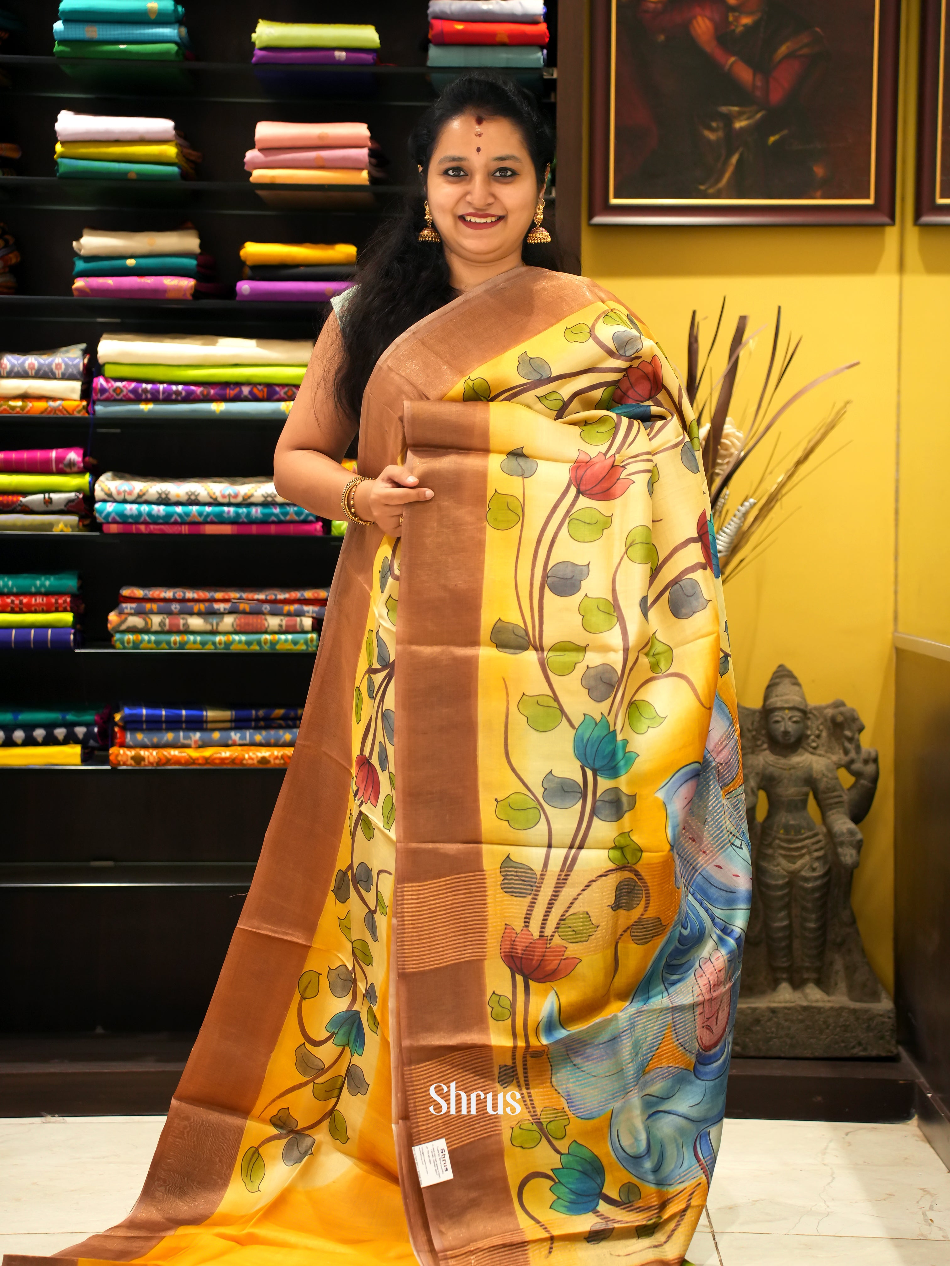 Yellow & Green - Tussar Saree - Shop on ShrusEternity.com