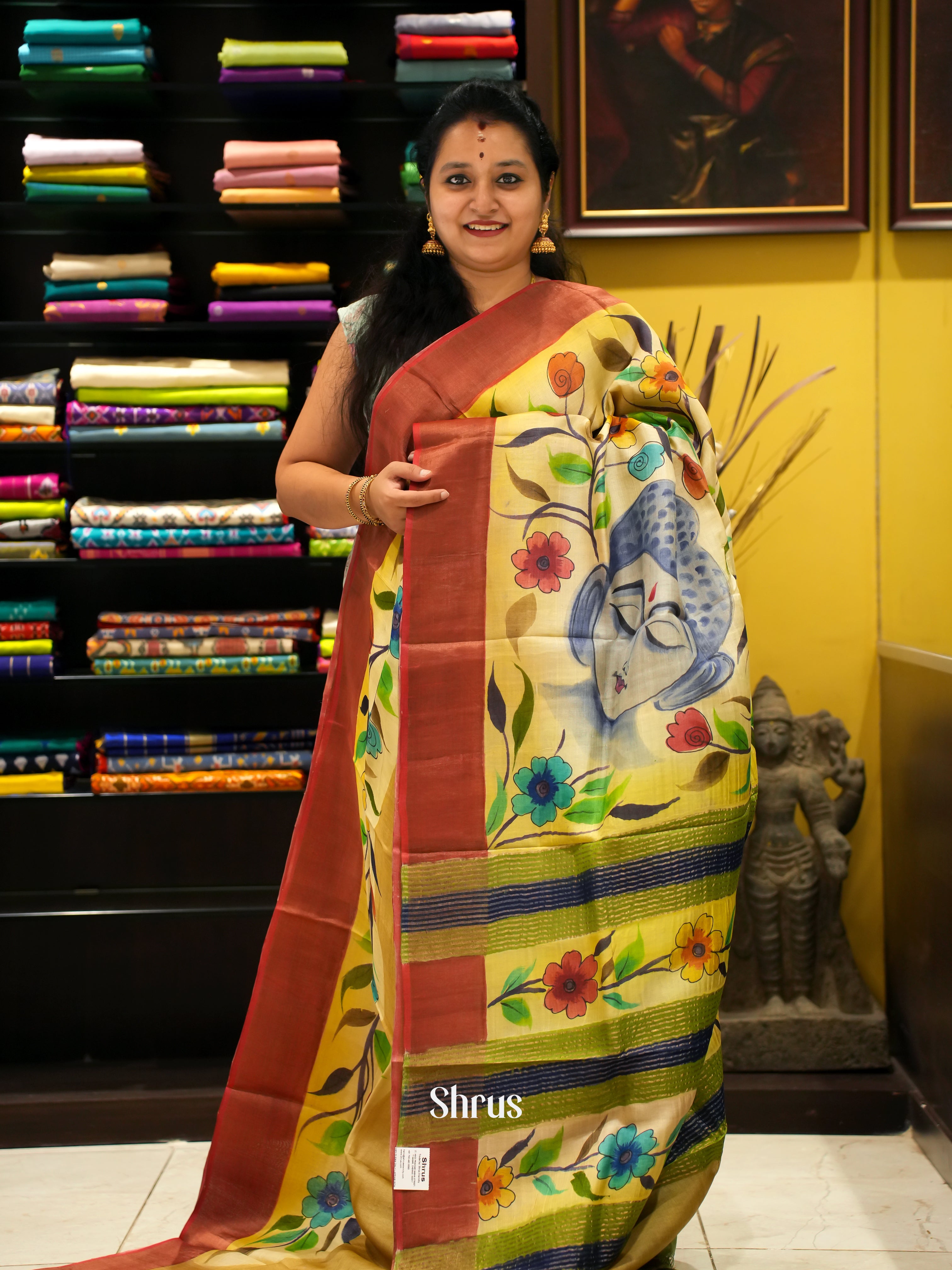 Yellow & Green - Tussar Saree - Shop on ShrusEternity.com